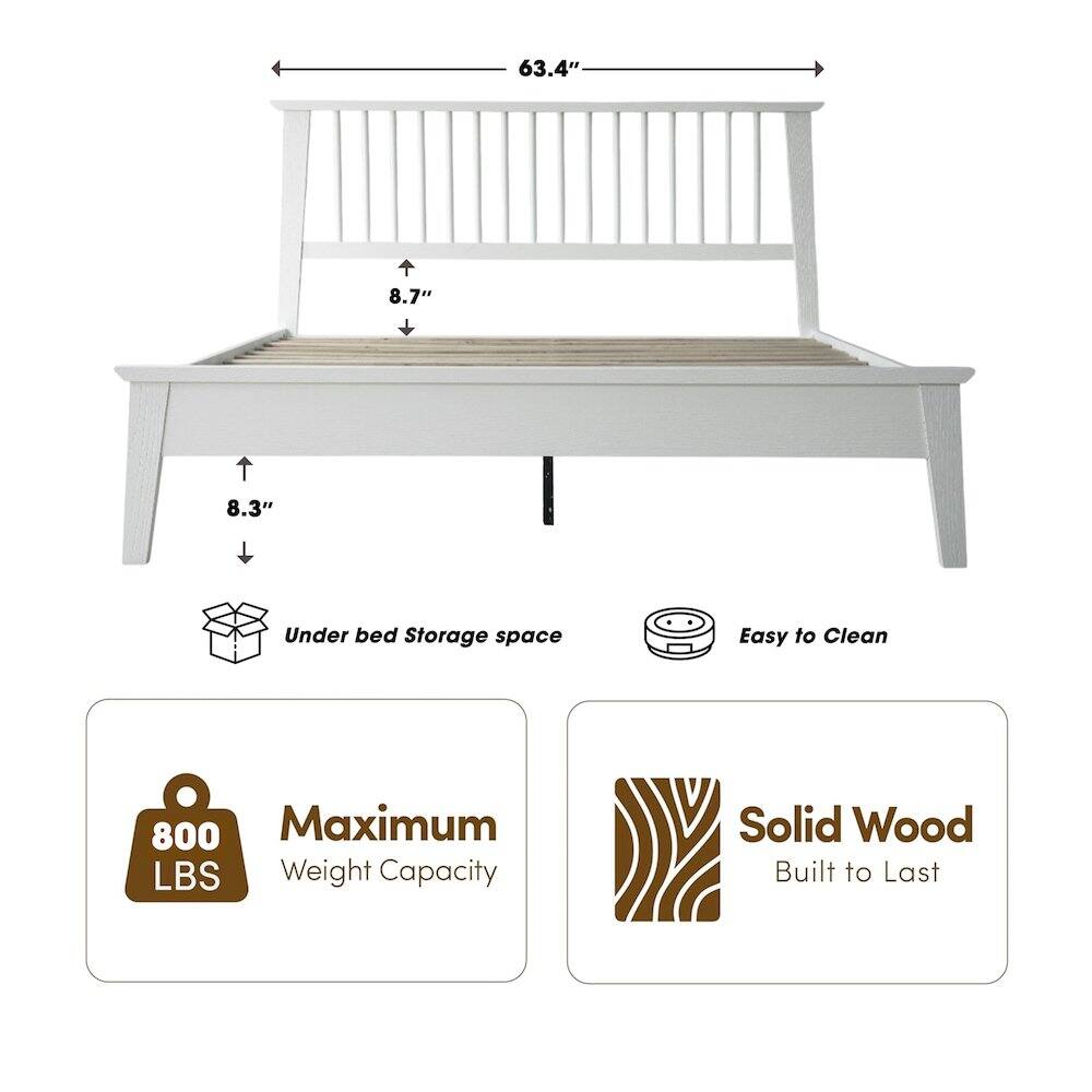 63.4" 8.7" 8.3" Under bed Storage space Easy to Clean 800 Maximum LBS Weight Capacity Solid Wood Built to Last
