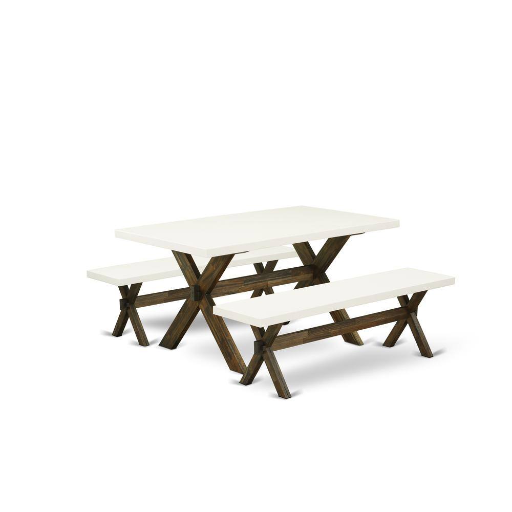 Angle. East West Furniture - East West Furniture X2-726 3 Piece Dining Room Table Set - 1 Linen White Small Kitchen Table and 2 Small Wooden Benches - Multi-Color.