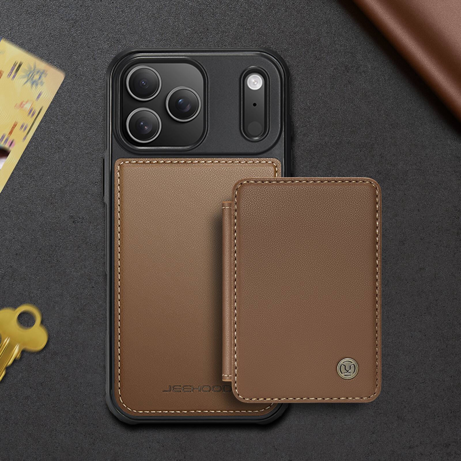 Alt View 2. Dteck - 2-in-1 Wallet Case for Apple iPhone 17 Pro with Magnetic Card Holder, RFID PU Leather Flip Folio Kickstand Cover - Brown.
