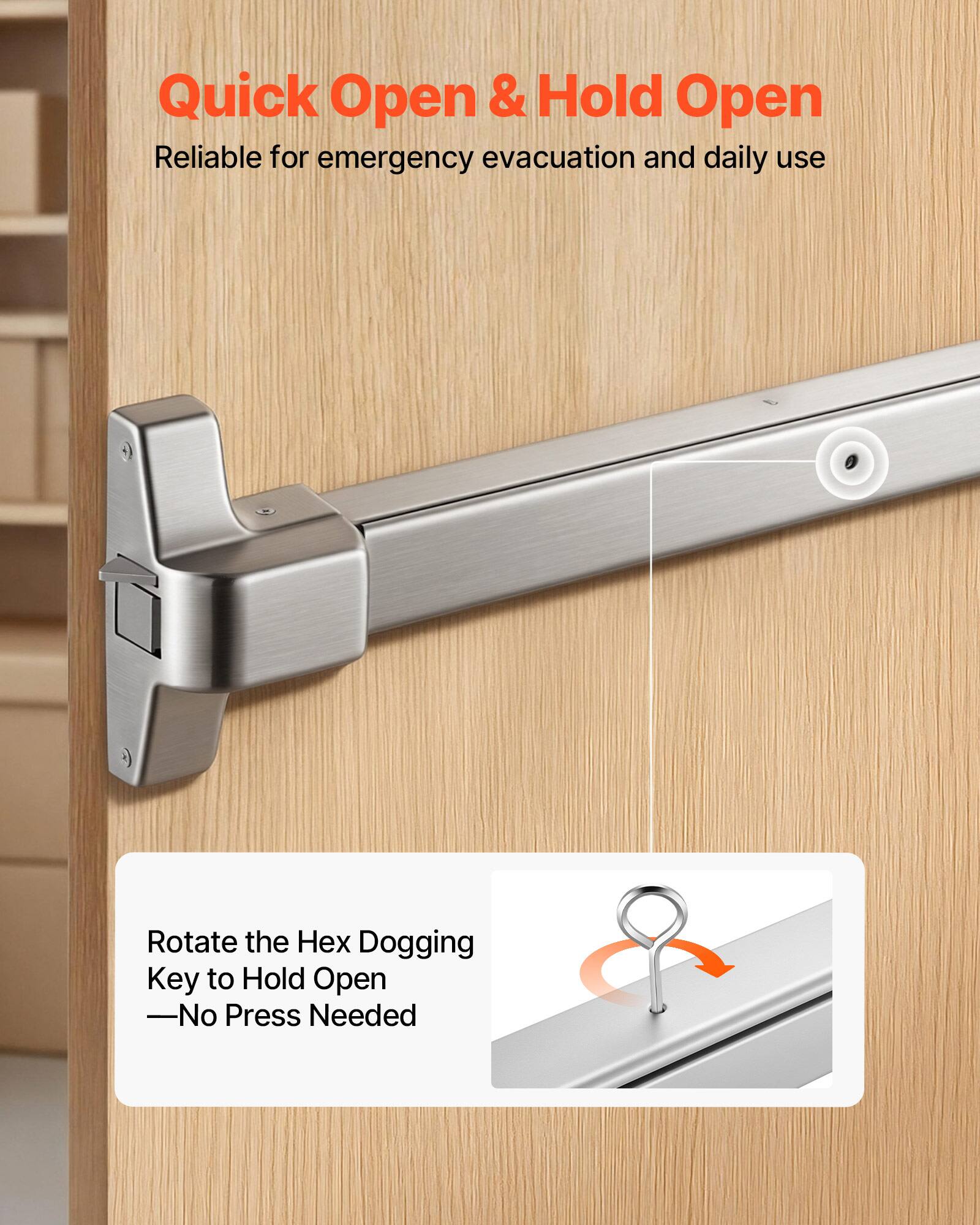 Quick Open & Hold Open  
Reliable for emergency evacuation and daily use  

Rotate the Hex Dogging Key to Hold Open  
—No Press Needed