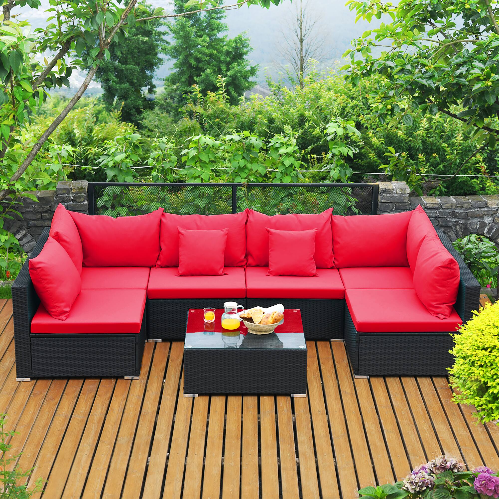 Alt View 4. Costway - Costway 7PCS Patio Wicker Sofa Set Sectional Conversation Furniture Set Garden - Red.
