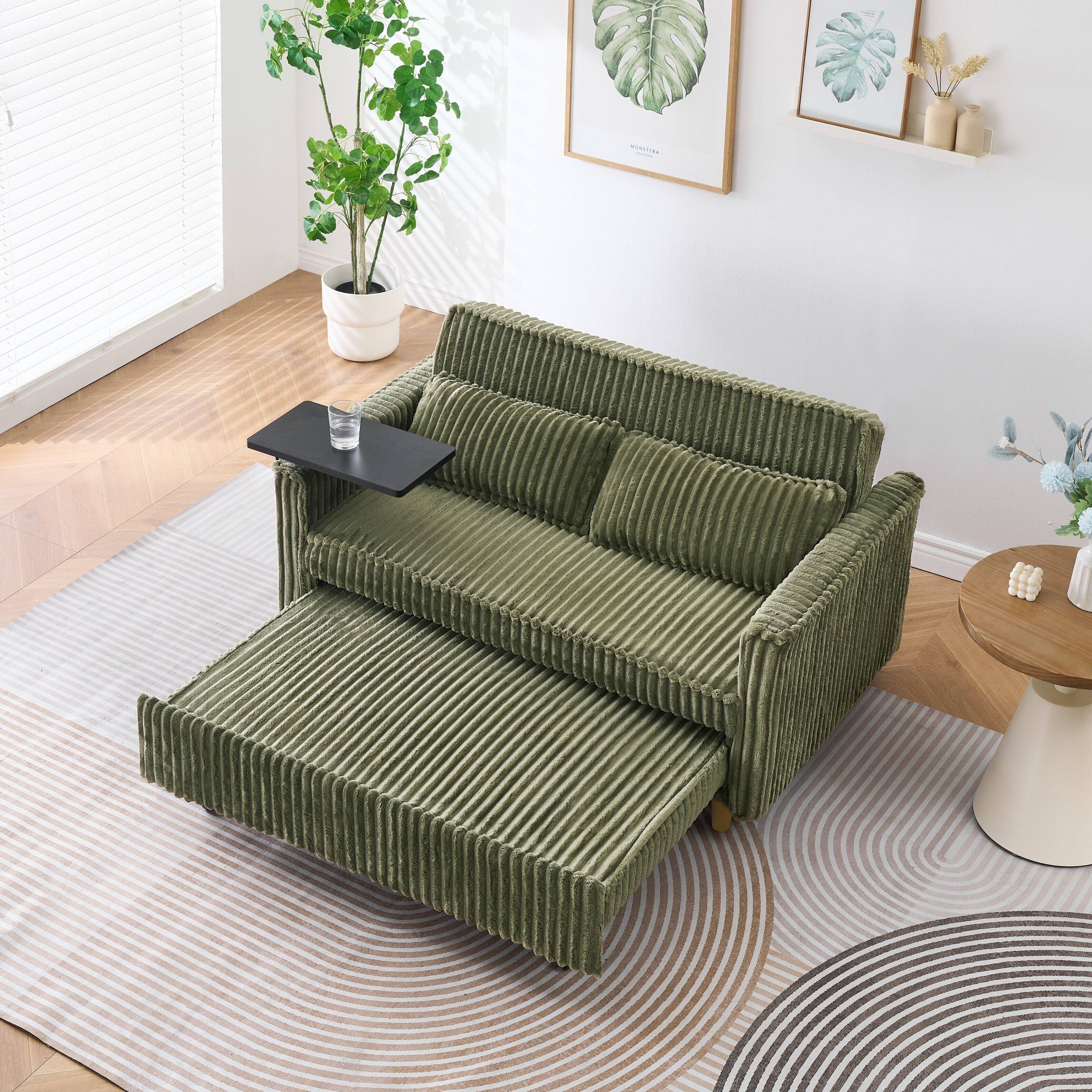 Angle. Trinkets Crazed - Corduroy 3-In-1 Convertible Sleeper Sofa Bed,Upholstered Pull Out Futon Loveseat Couch with Adjustable Backrest - Green.