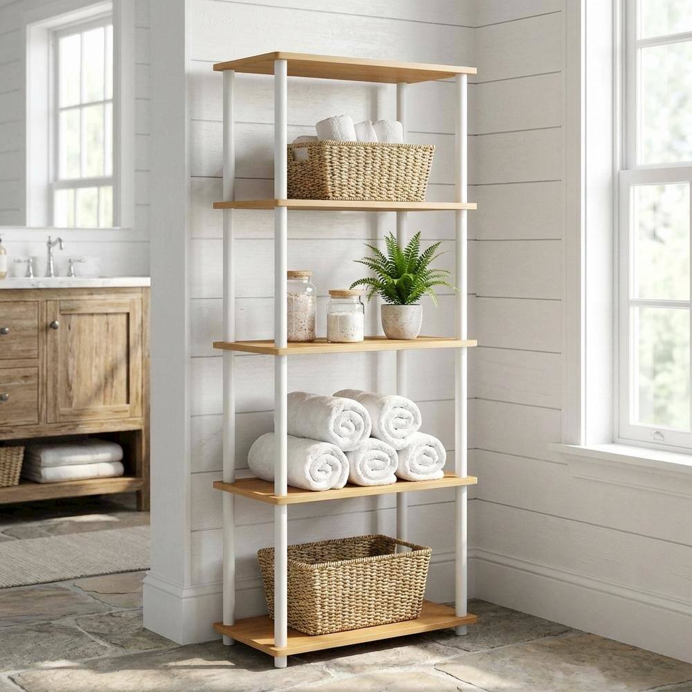 Angle. FurniFact - Wooden Bookcase with Open Shelving for Modern Storage and Display - Beech/White.