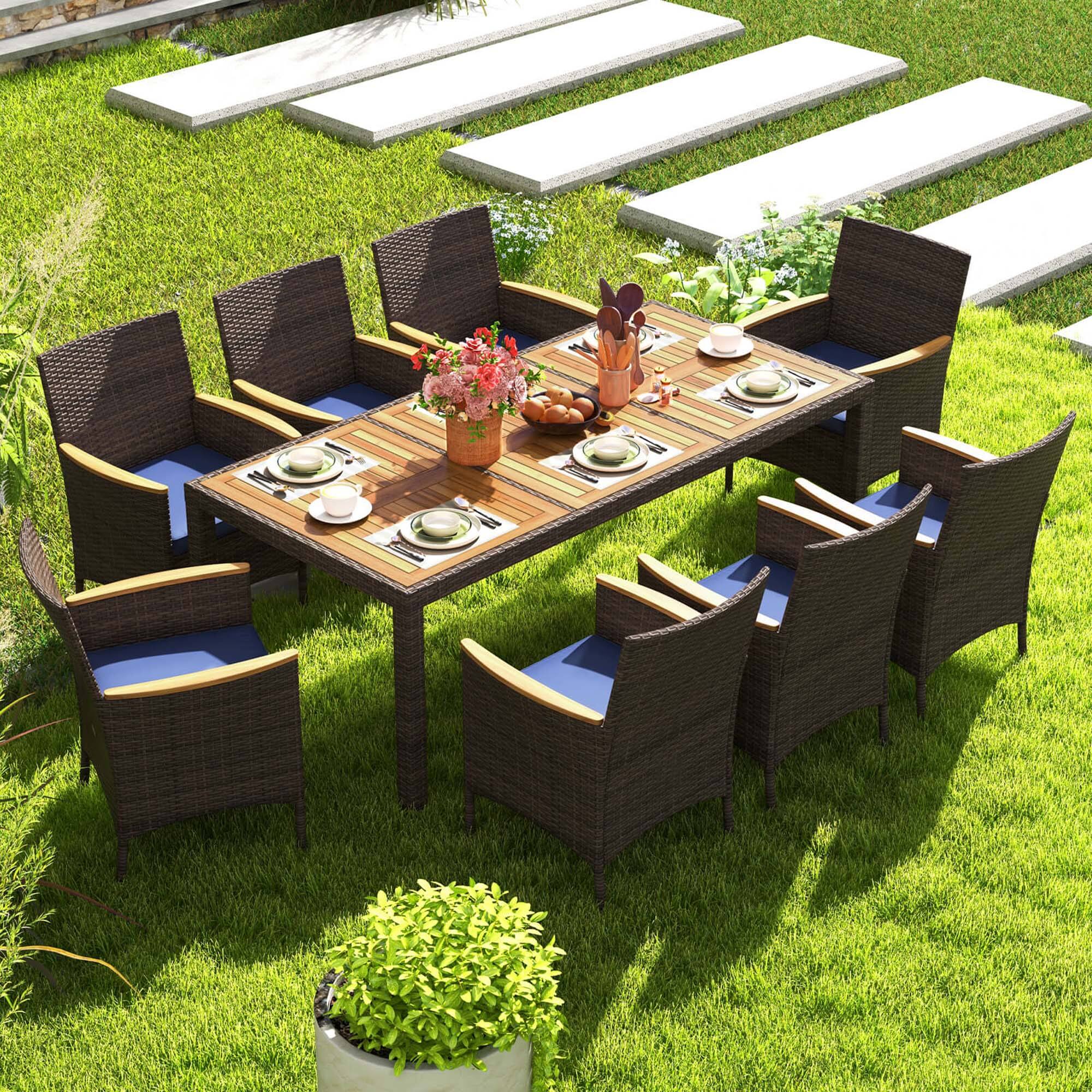 Alt View 1. Costway - 9PCS Outdoor Dining Set with Acacia Wood Table Top Patio Dining Set for 8 People - Brown & Navy.