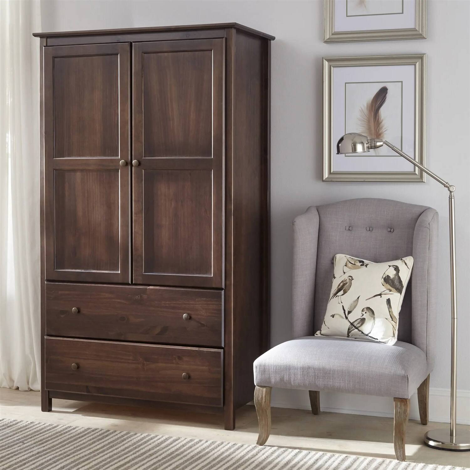 Left. Hivvago - Brown Espresso Solid Wood Bedroom Armoire Wardrobe Cabinet with Hanging Bar - Brown.