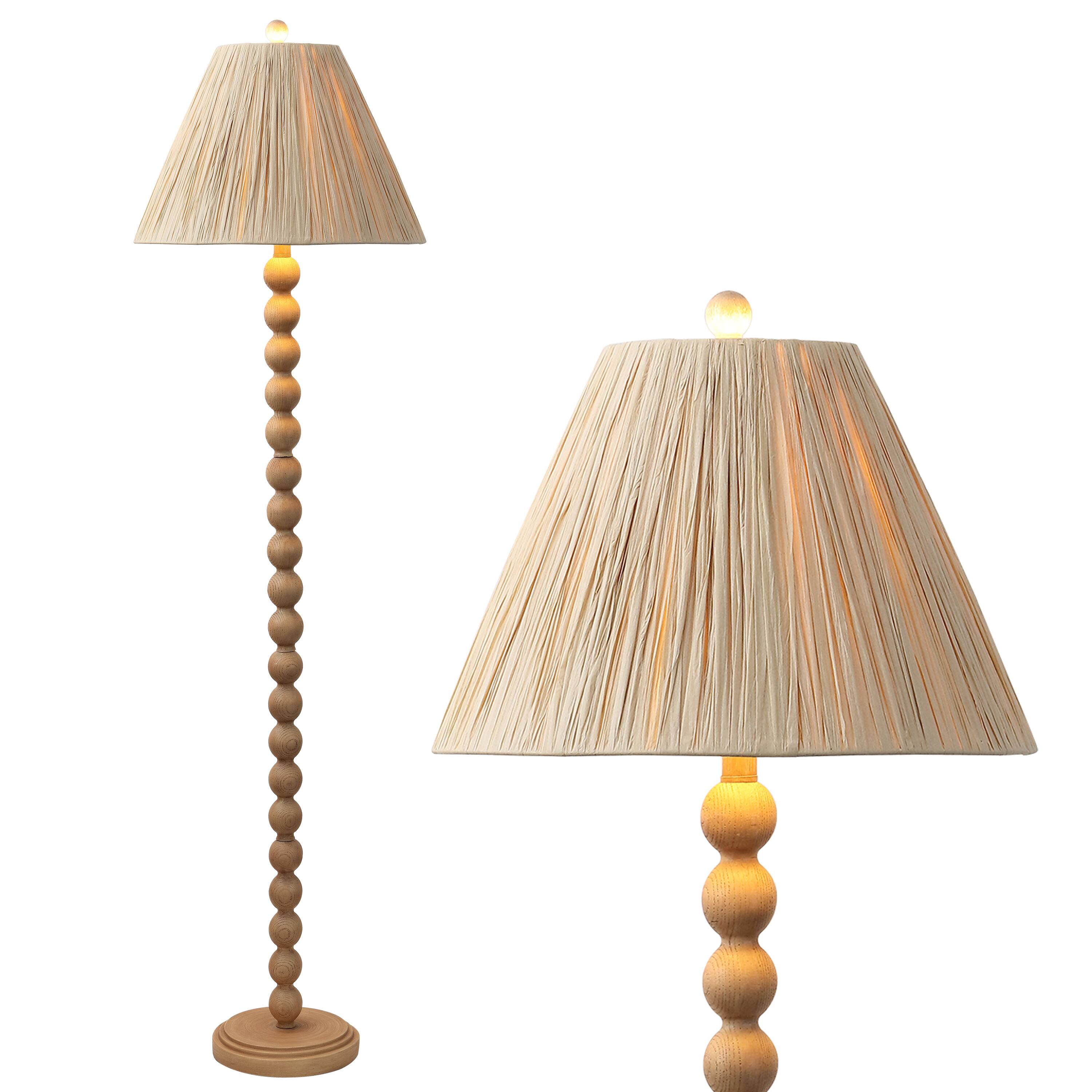 Front. Jonathan Y - Wren 61.5" Modern Rustic Bobbin Pleated Paper Shade/Resin LED Floor Lamp, Brown Wood Finish/Light Brown - Brown Wood Finish.