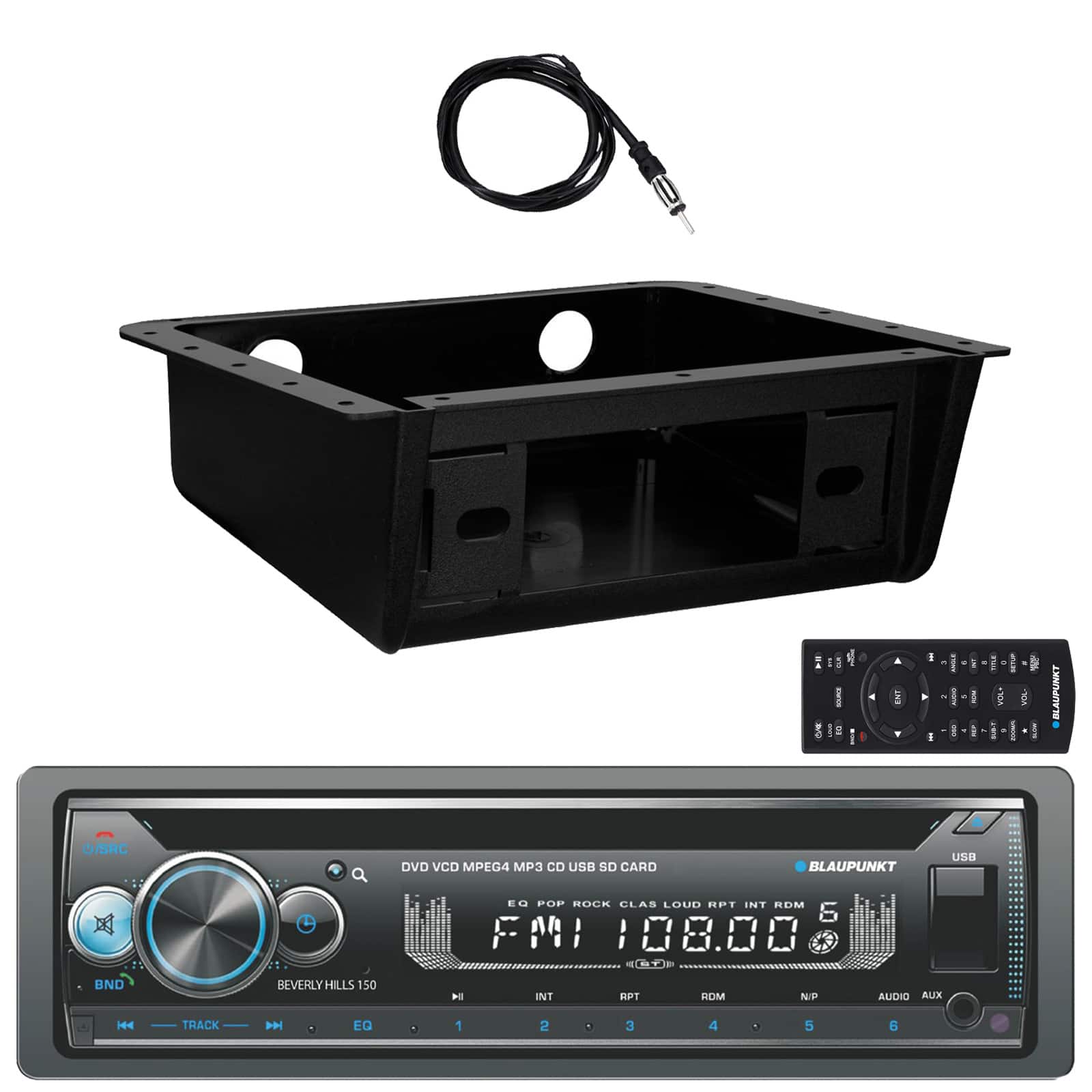 Blaupunkt - Beverly Hills 150 Single DIN Bluetooth DVD/CD Player Receiver w/Under Dash Install Kit, 22" Radio Antenna
