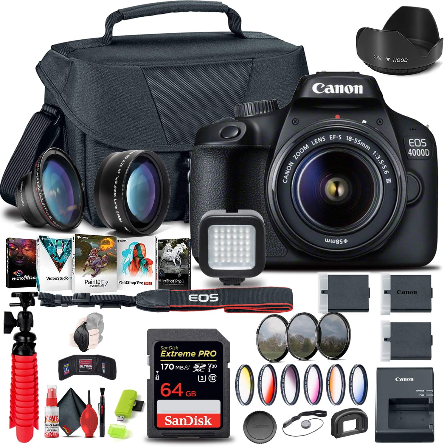 Canon - EOS 4000D / Rebel T100 DSLR Camera with 18-55mm Lens + Extra Lenses & Graphic Bundle