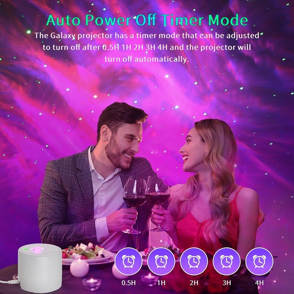 Auto Power Off Timer Mode

The Galaxy projector has a timer mode that can be adjusted to turn off after 0.5H, 1H, 2H, 3H, and 4H, and the projector will turn off automatically.