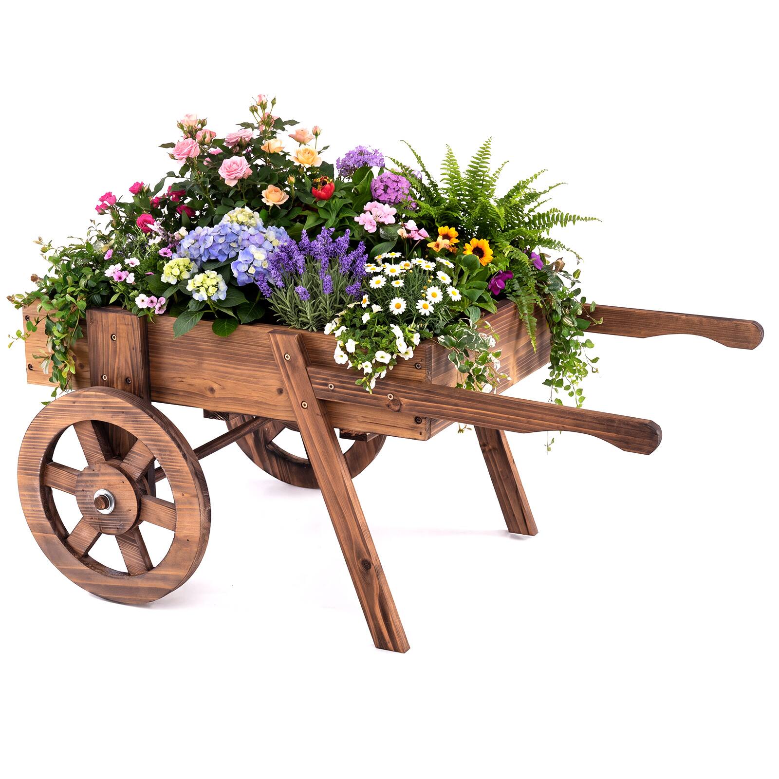 Alt View 9. Costway - Costway Wooden Wagon Planter with Wheels, Carbonized Fir Wood Frame, Handle for Patio - Rustic Brown.