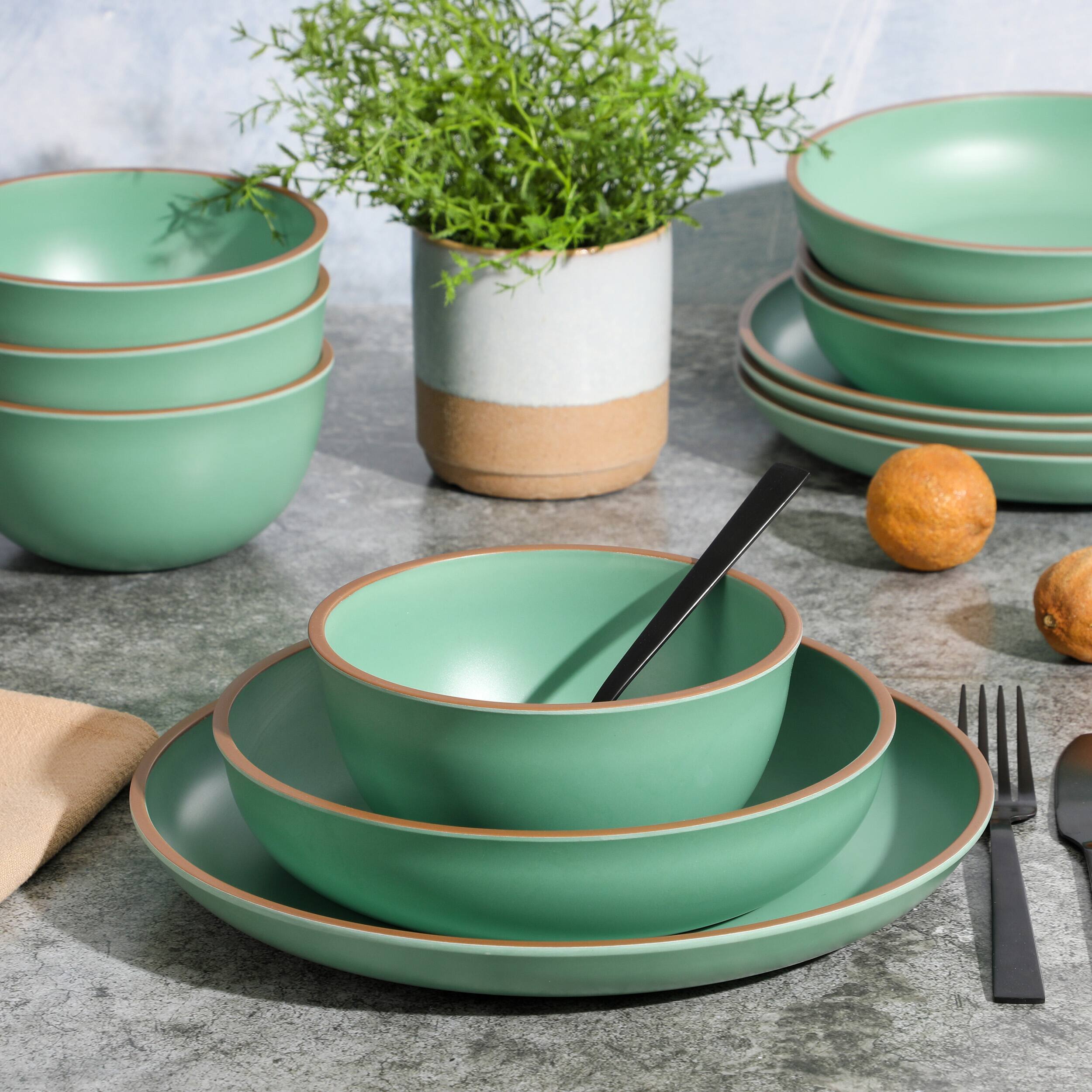 Alt View 7. Gibson - Gibson Home Rockabye 12 Piece Double Bowl Melamine Dinnerware Set in Green - Green.