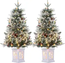 GARVEE - 3ft Snowman Christmas Tree 2-Pack, Fiber Optic 78 LED & Berries, Instant Setup - Green