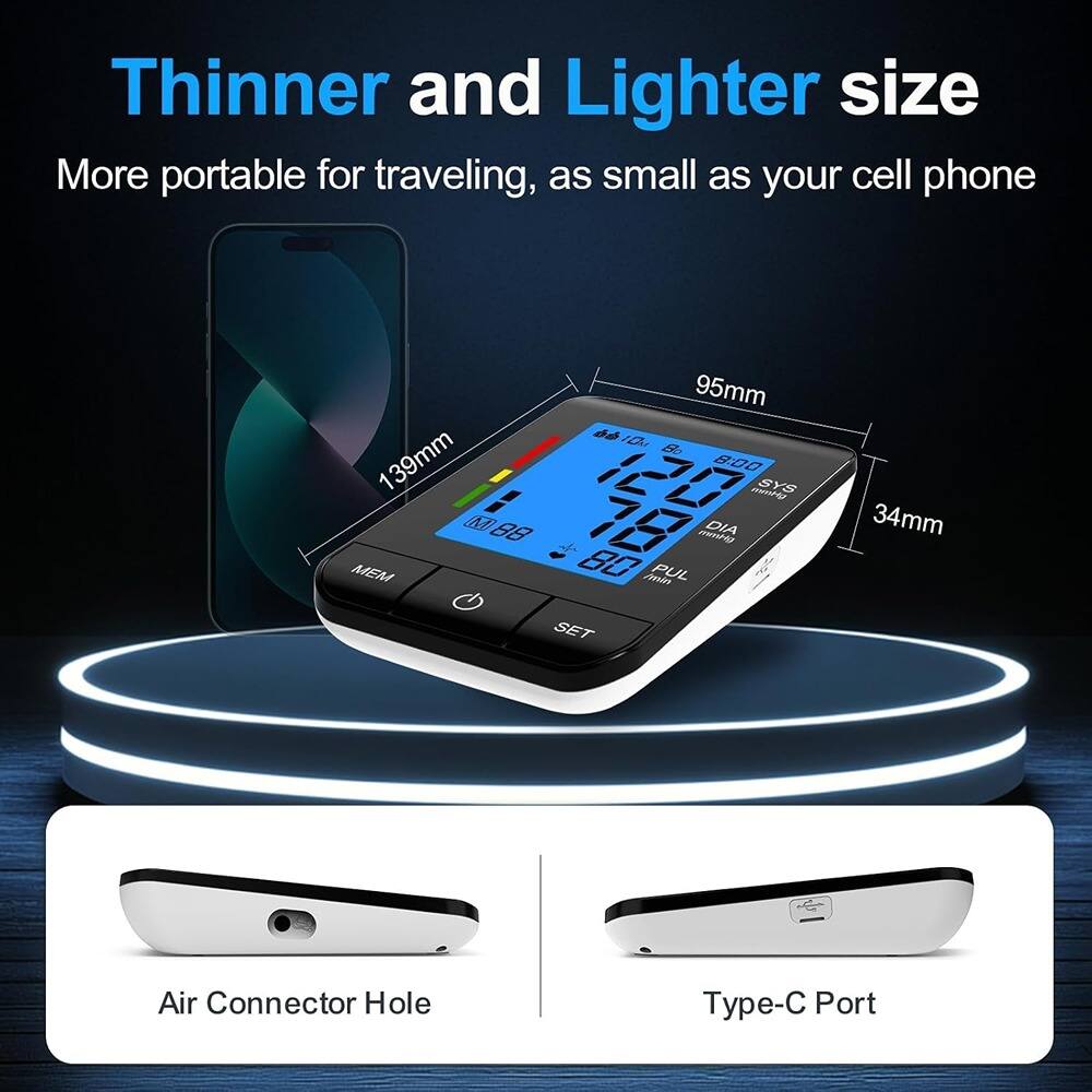 Thinner and Lighter size  
More portable for traveling, as small as your cell phone  

95mm  
139mm  
34mm  

Air Connector Hole  
Type-C Port  

SYS 120  
DIA 78  
PUL 80  
MEM 88