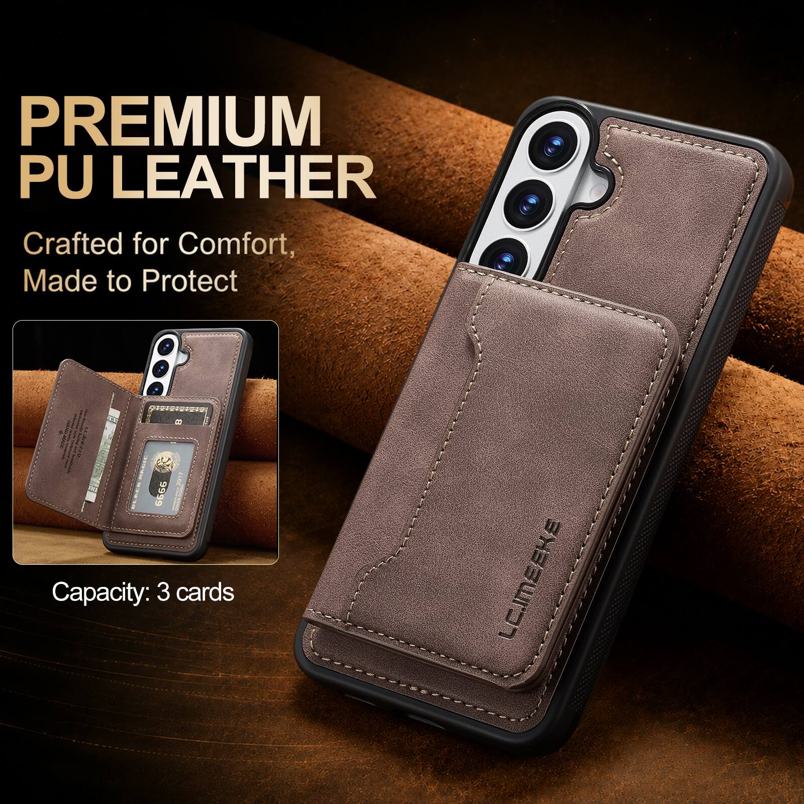 PREMIUM PU LEATHER  
Crafted for Comfort, Made to Protect  

9999 II  
Capacity: 3 cards  

LC.IMEEKE