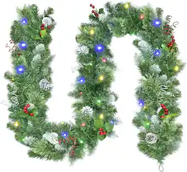 Oumilen - 9FT Pre-Lit Christmas Garland – Multi-Color LED Lights, Timer, Pine Cones & Red Berries