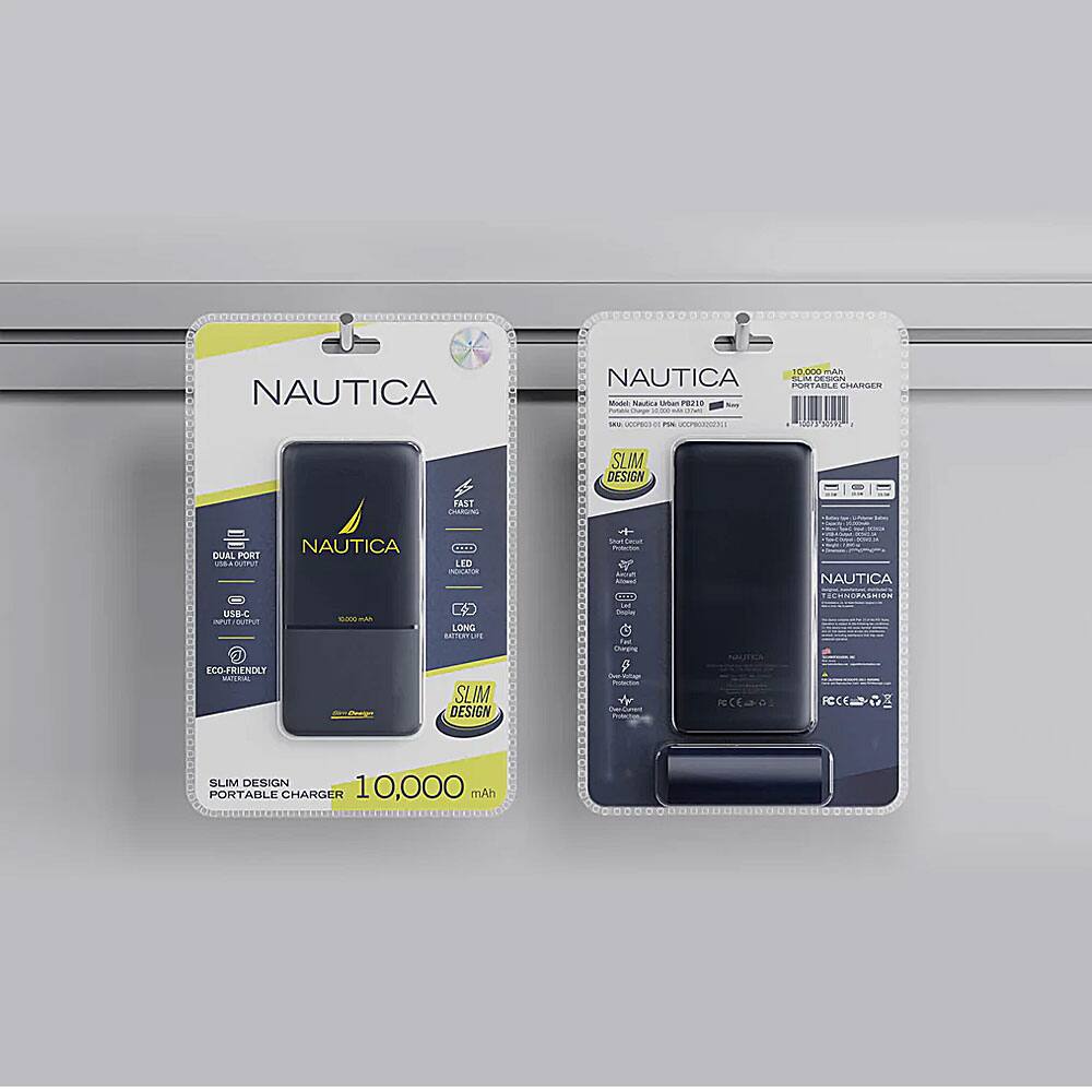 NAUTICA  
10,000 mAh NAUTICA SALM PORTABLE DESIGN CHARGER  
Model Nautica Urban 210  
SUG PARK UN PSK 000000202011  

SLIM DESIGN  
FAST CHARGING  
NAUTICA DUAL PORT USB-C 1:1 OUTPUT  
ECO-FRIENDLY NATURAL LED INDICATION  
LONG SLIM DESIGN  
+ Short Circuit Protection  
+ Over-Current Protection  
+ Over-Voltage Protection  

NAUTICA  
NAUTICA TECHNORASHION  
SLIM DESIGN 10,000 PORTABLE CHARGER mAh