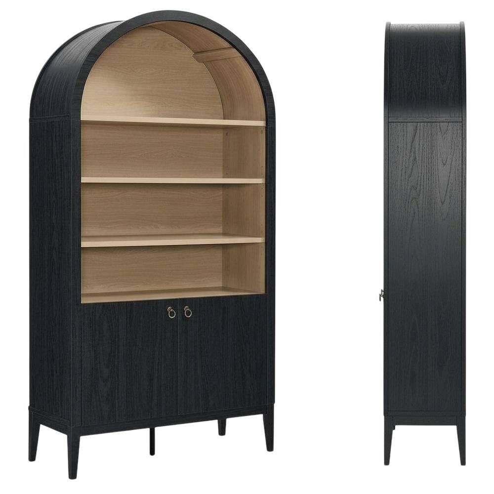 Front. FurniFact - Black tall storage display cabinet with arched design and spacious shelves - Black.