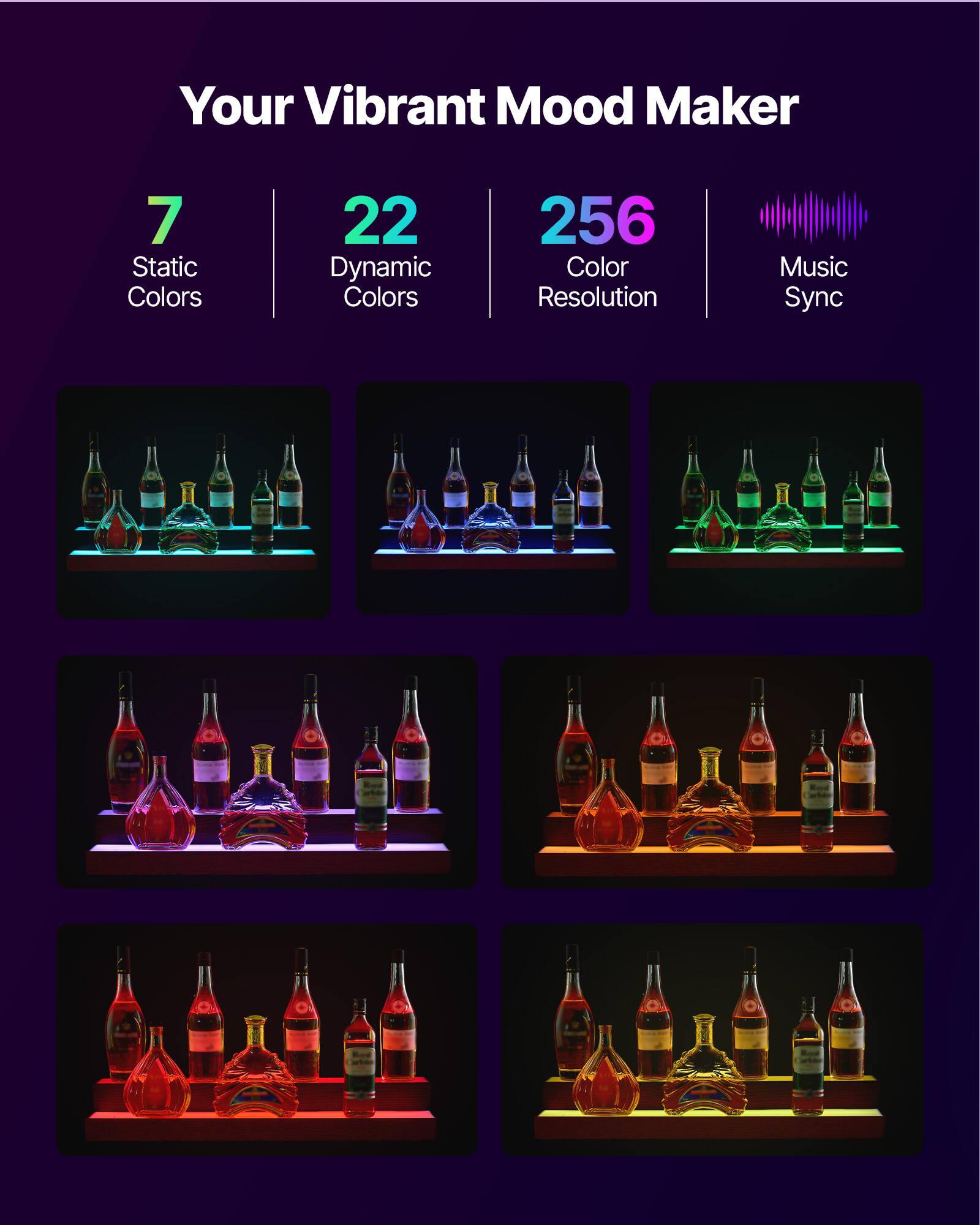 Your Vibrant Mood Maker

- 7 Static Colors
- 22 Dynamic Colors
- 256 Color Resolution
- Music Sync