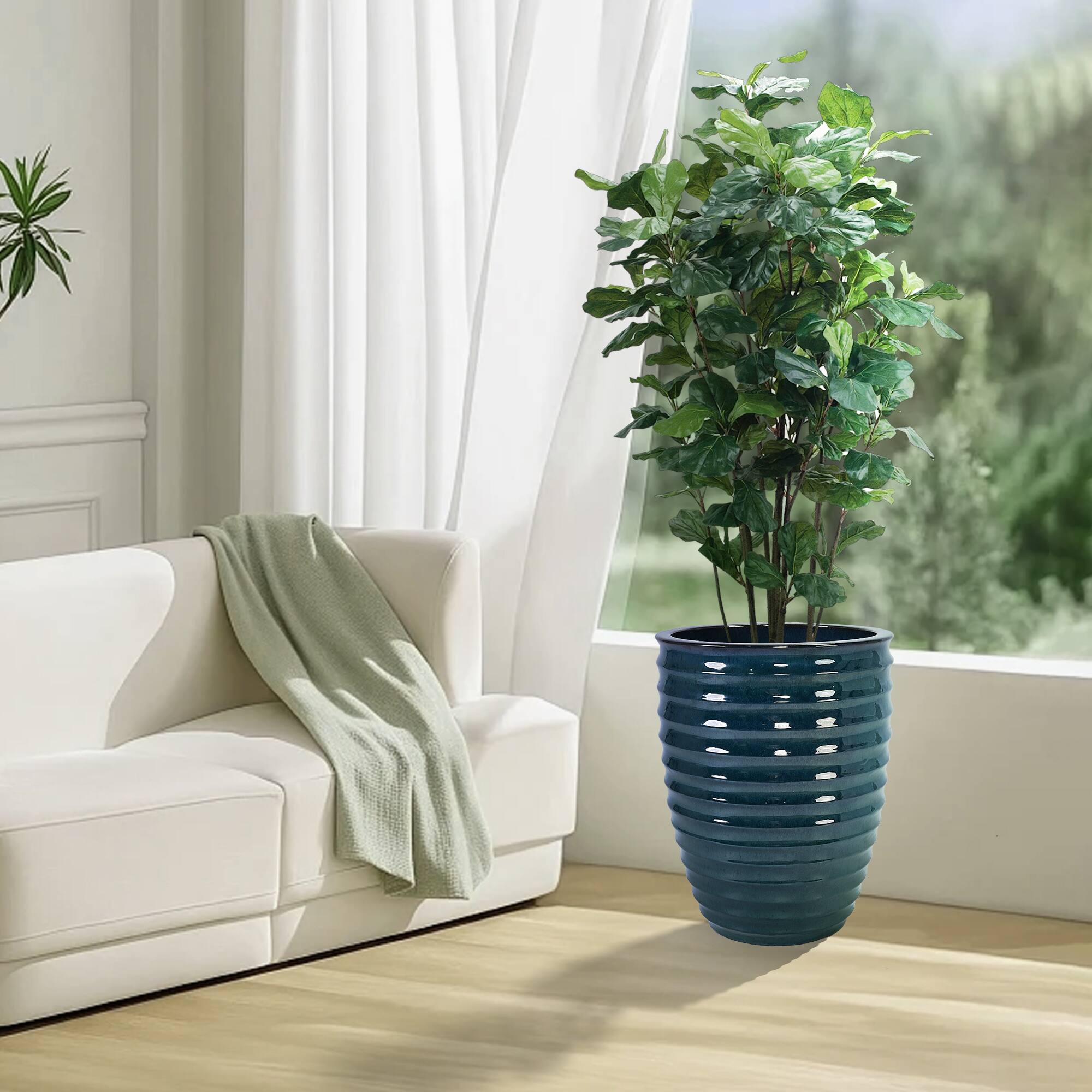 Back. Loheer - Ceramic Planter by Loheer, 17 Inch Handmade Deep Green Planter for Indoor Outdoor Doorway Monstera.