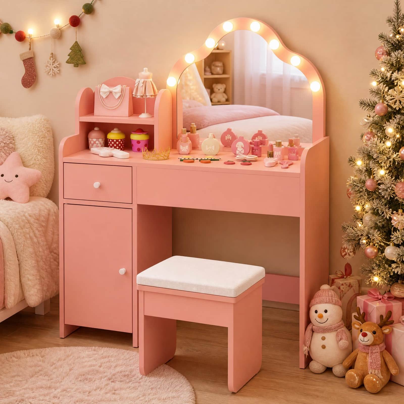 Costway - Kids Vanity Desk Set with Lighted Mirror Stool Drawer Cabinet - Pink