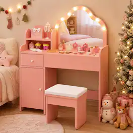 Costway - Kids Vanity Desk Set with Lighted Mirror Stool Drawer Cabinet - Pink
