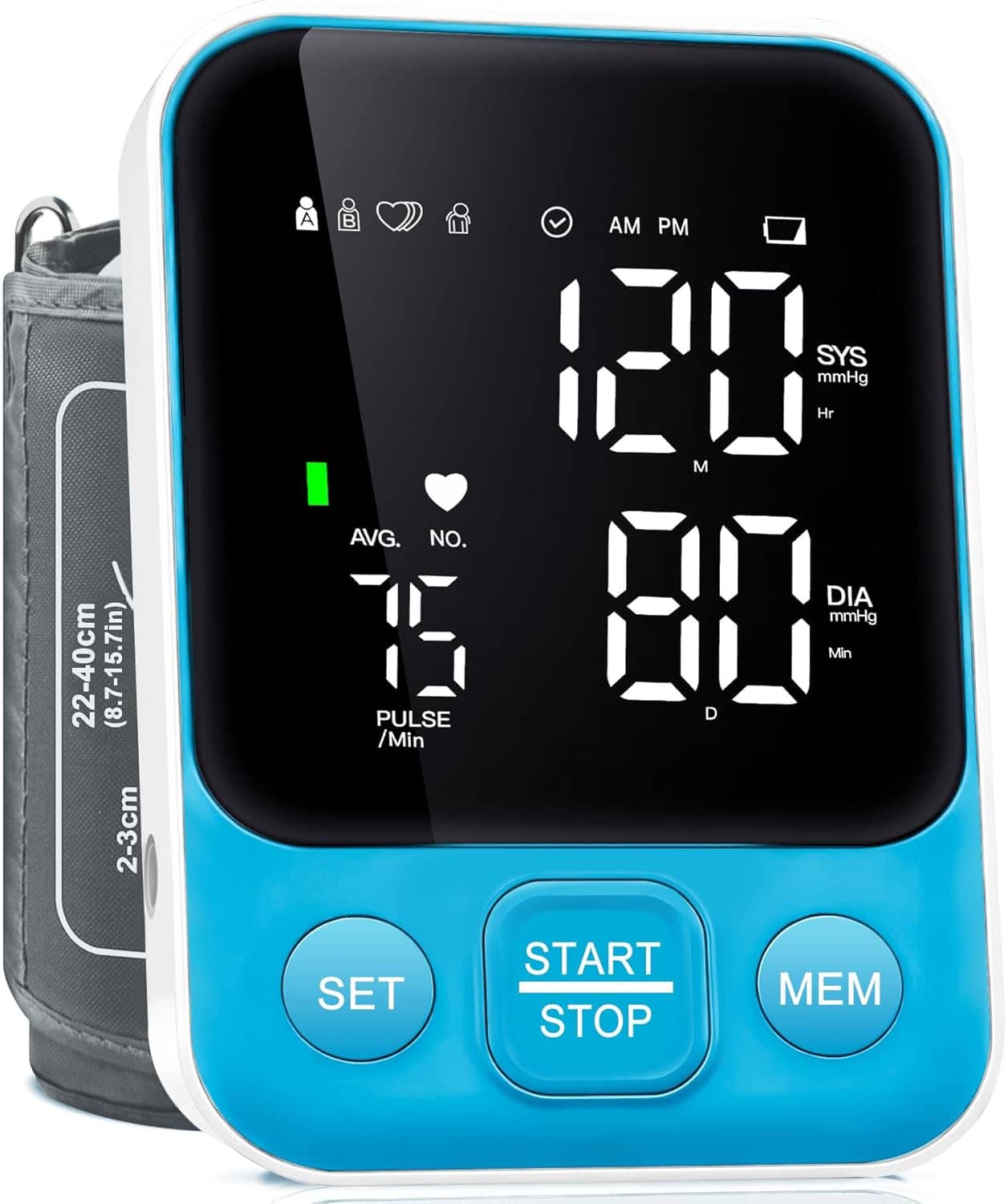 RTMB - "Upper Arm Blood Pressure Monitor – Adjustable Cuff, LED Display, Light Blue" - white and blue