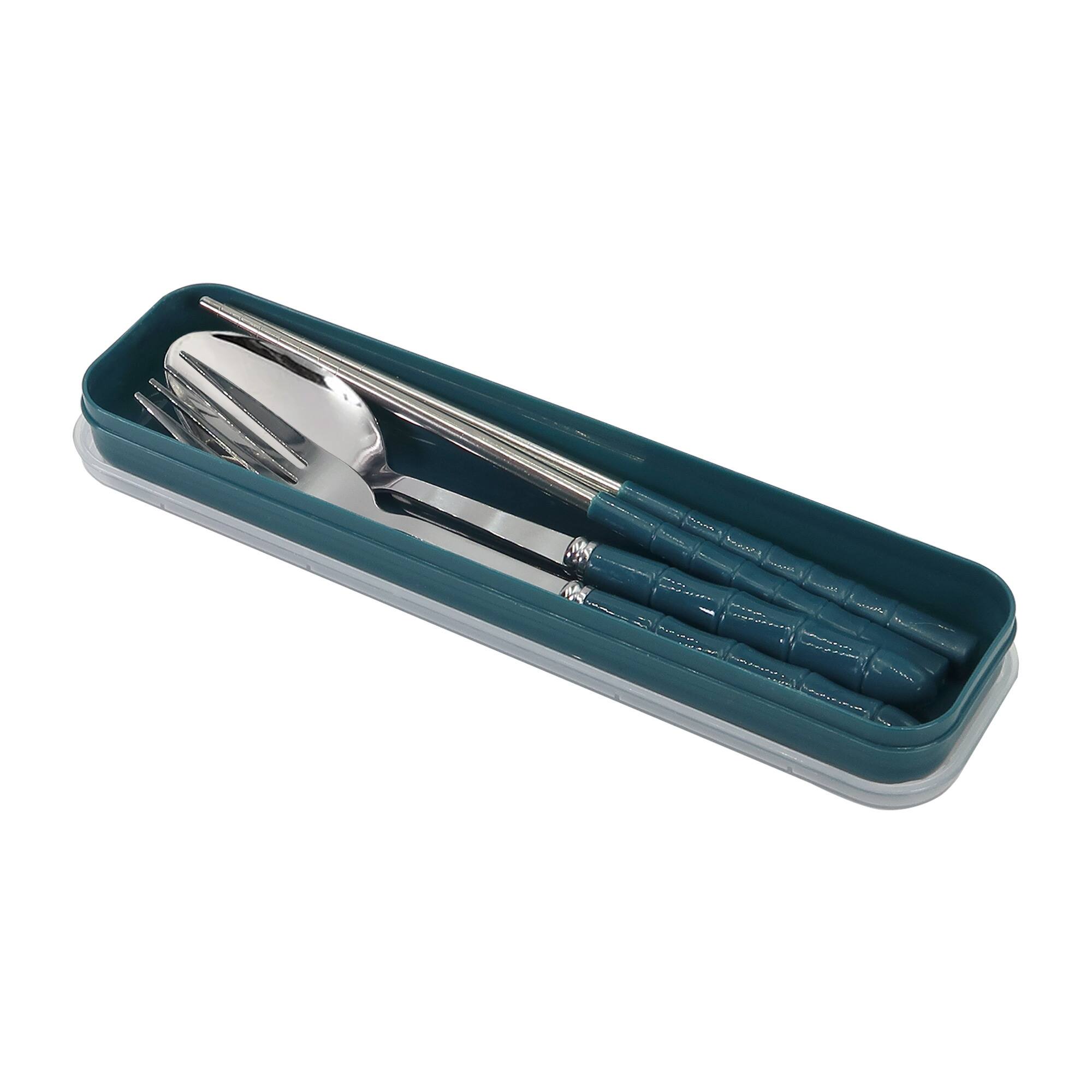 Left. all - 10x Eco-Friendly Stainless Steel Cutlery Set – Spoon, Fork & Chopsticks in Convenient Case for Students and Travel.