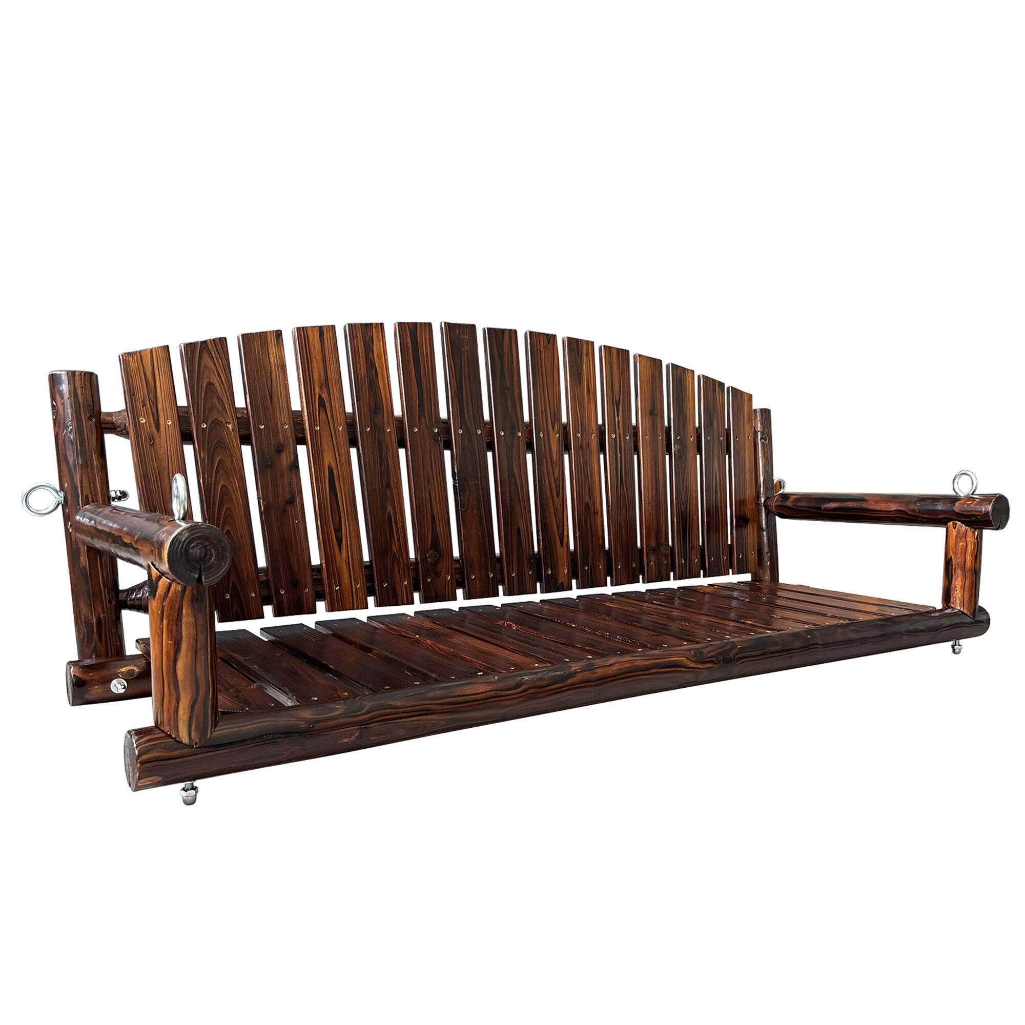 Alt View 5. Fortune Candy - 5FT Rustic Fir Wood Porch Swing, Handcrafted Outdoor Hanging Bench, Heavy-Duty 900lbs, Weather-Resistant - Deep Brown.