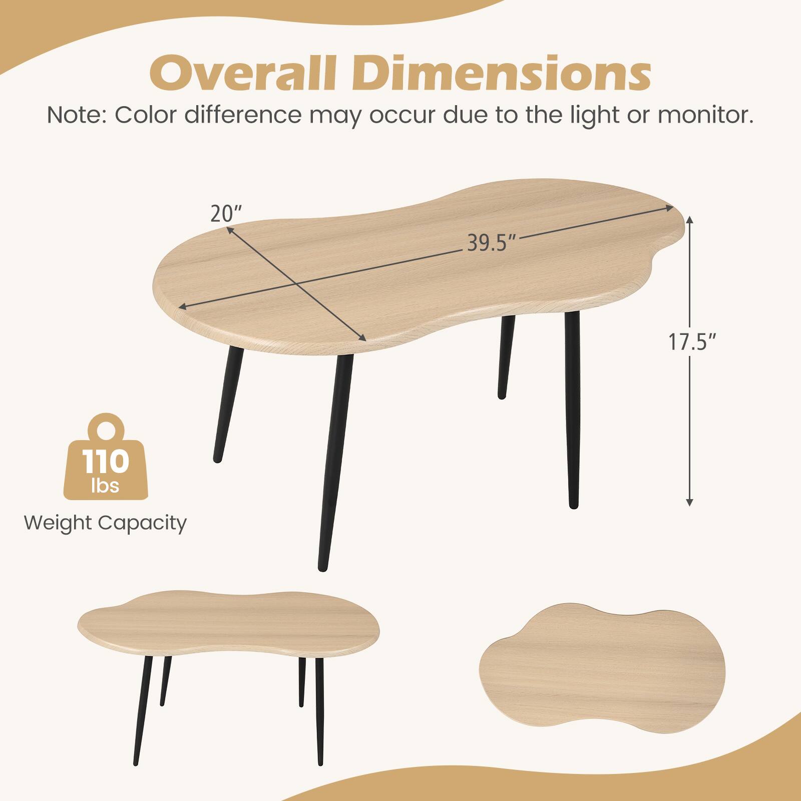 Overall Dimensions  
Note: Color difference may occur due to the light or monitor.  

20" x 39.5" x 17.5"  
110 lbs Weight Capacity