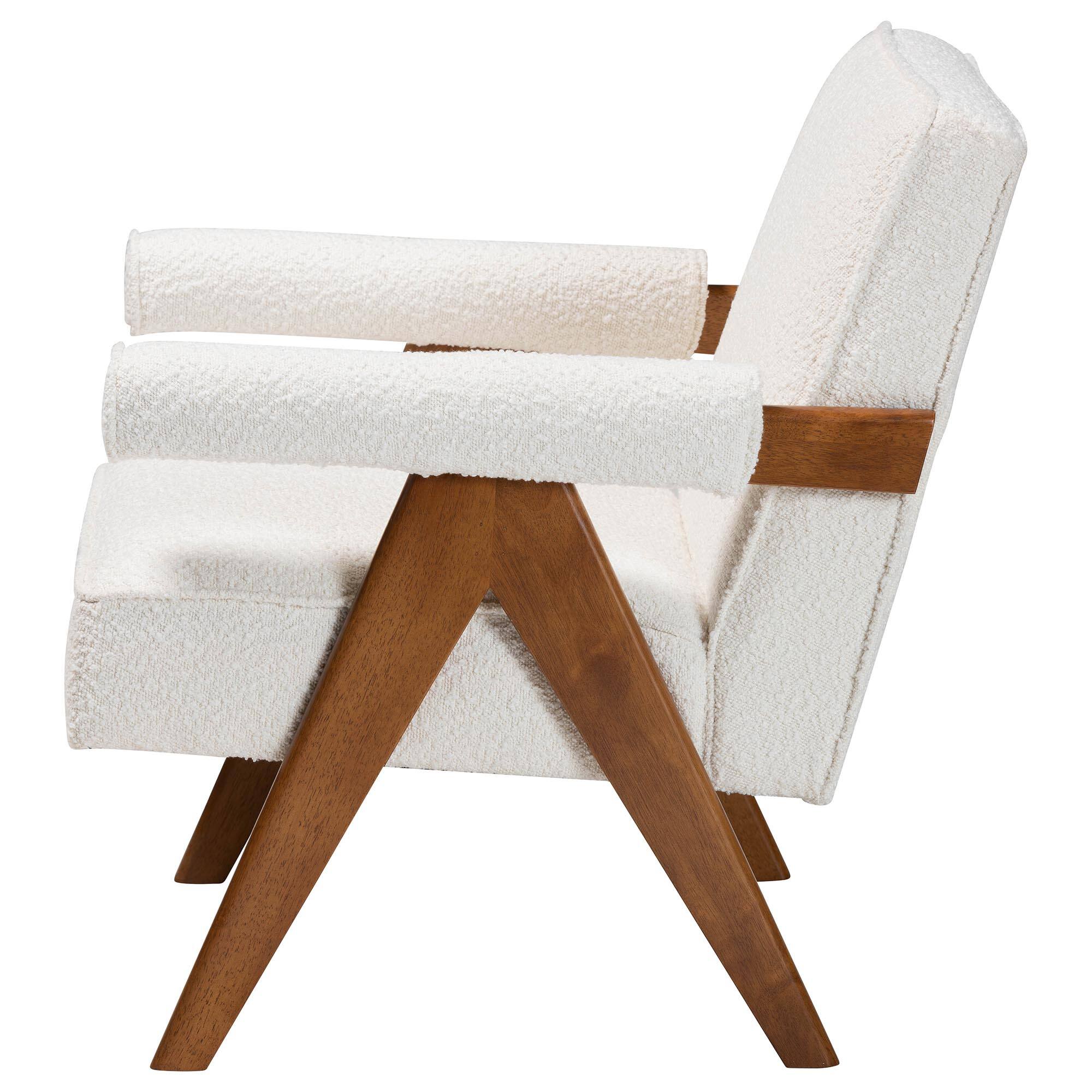 Left. Baxton Studio - Georgina Japandi Boucle and Walnut Wood Accent Chair - Cream/Walnut Brown.