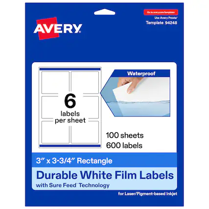 Go to avery.com/templates
Use Avery Presta™ Template 94248
Waterproof
6 labels per sheet
100 sheets
600 labels
3" x 3-3/4" Rectangle
Durable White Film Labels with Sure Feed™ Technology for Laser/Pigment-based Inkjet