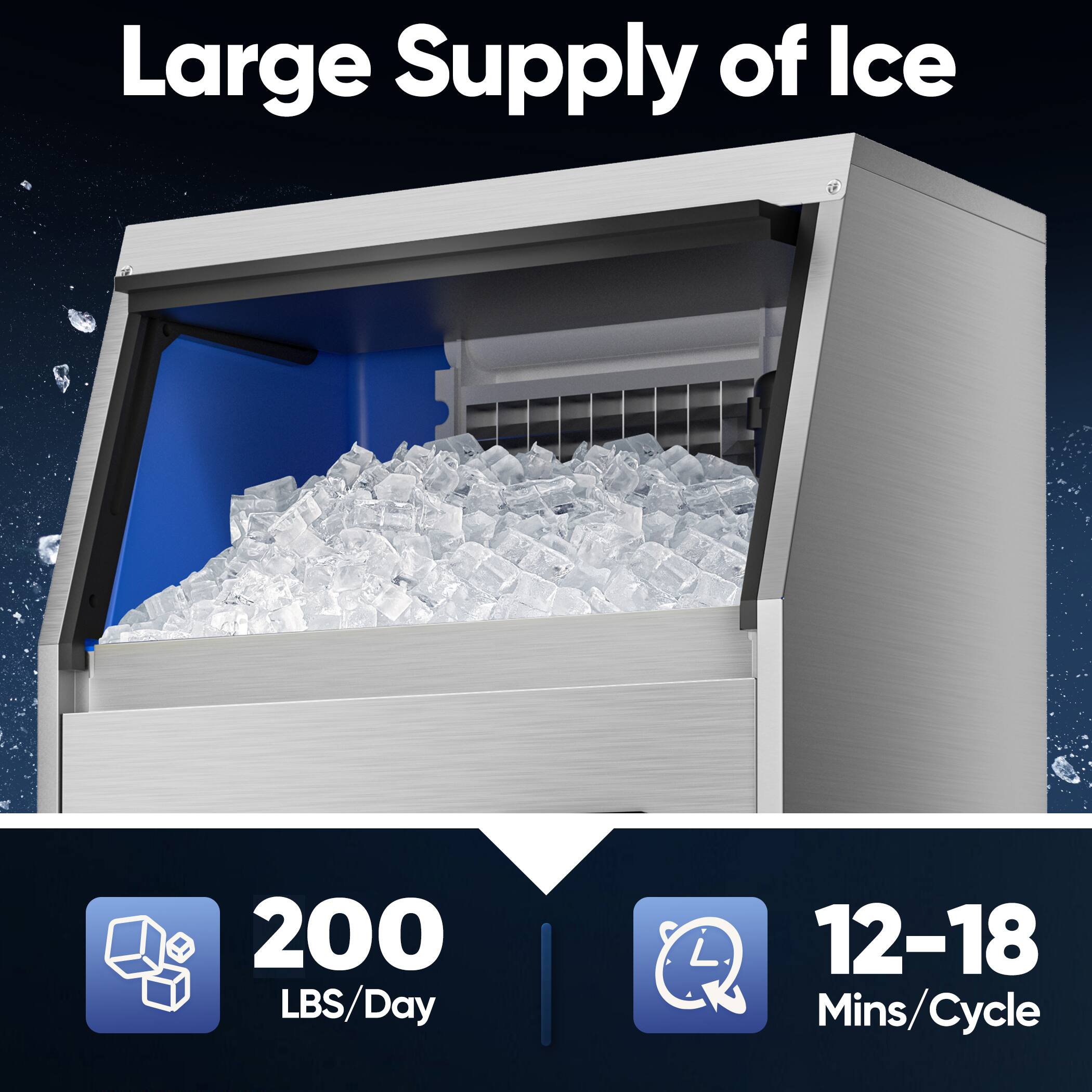 Large Supply of Ice

200 LBS/Day

12-18 Mins/Cycle