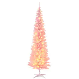PULUZ - 7ft Pencil Christmas Tree, Slim Artificial Christmas Tree with Realistic Branches and Warm White LED Lights - Pink