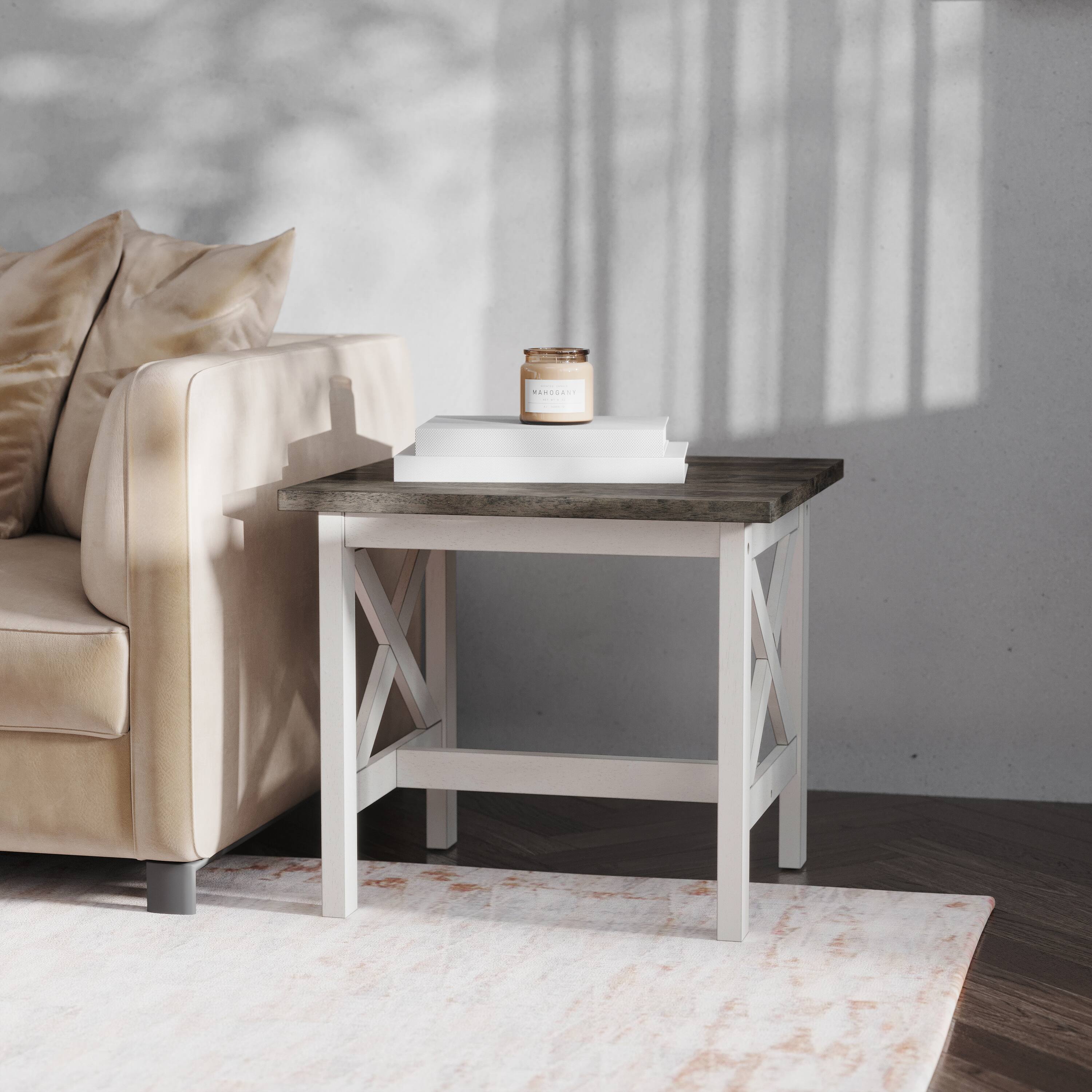 Front. Emma + Oliver - Mitchell Solid Wood Farmhouse Style End Table - Acacia Gray Top/Rustic White Frame.