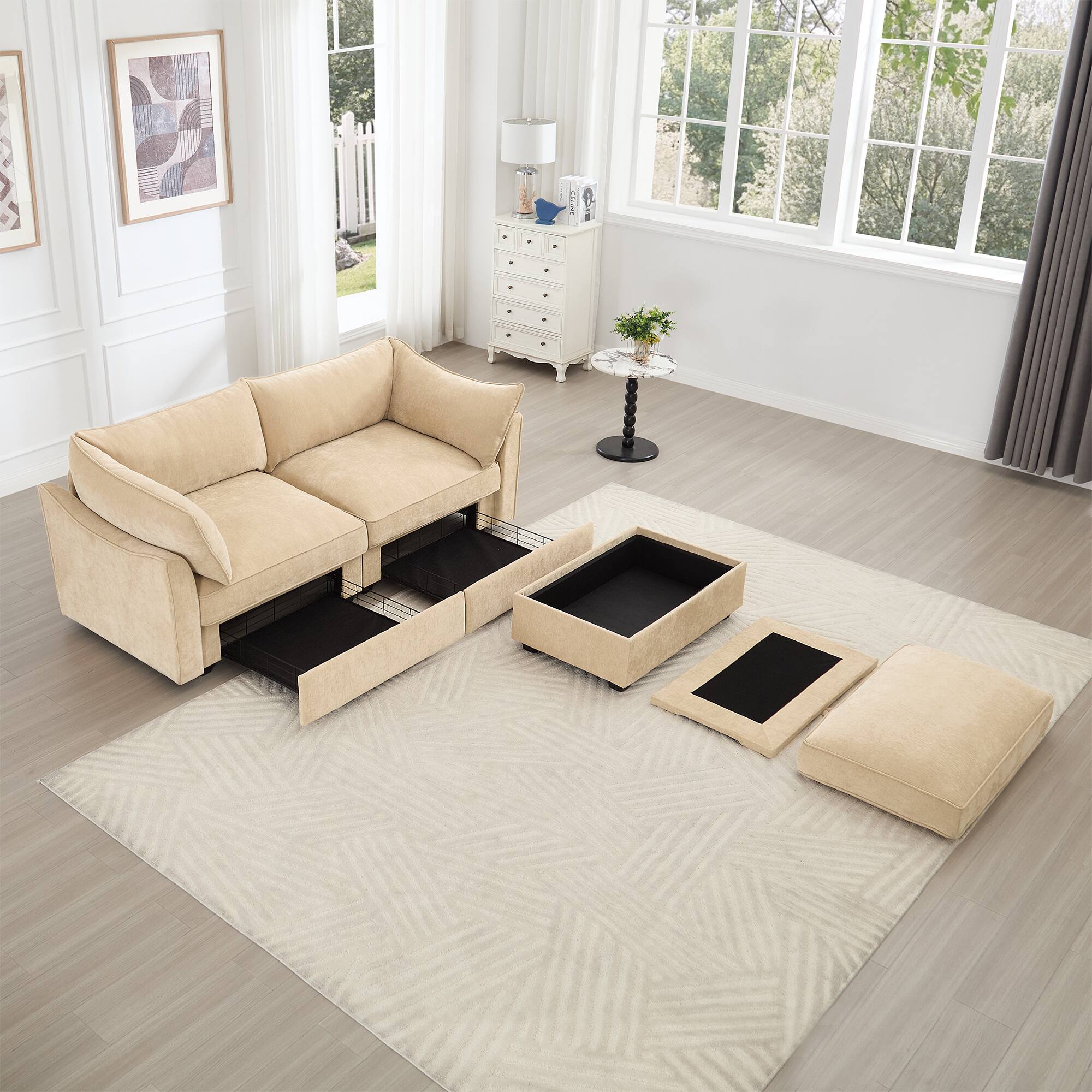 Left. Aukfa - 2-Seater Sofa with Storage Footstool - Crescent-Shaped Armrests, Chenille Fabric, Wraparound Cushions - Hazelwood.