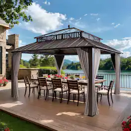 SUNJOY - Kingston 14x12 Gazebo, Steel & PC Roof Hardtop Gazebo with Curtain and Netting - Brown Aluminum Posts