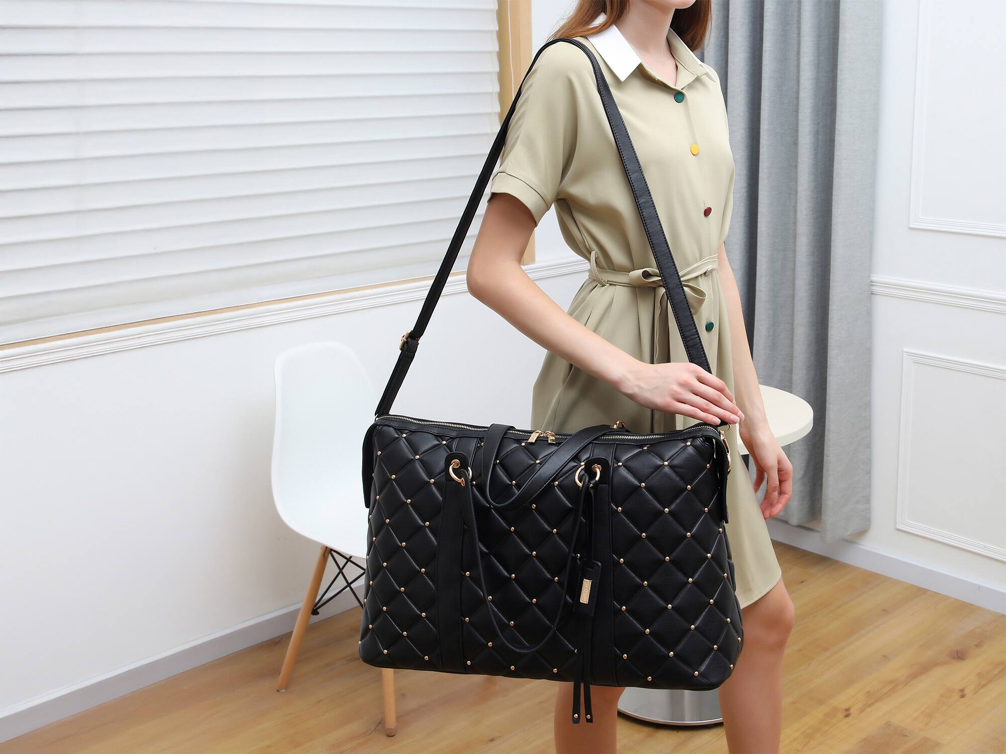 Alt View 1. Badgley Mischka - BADGLEY MISCHKA Quilted Vegan Leather Weekender Duffel Bag - Black.