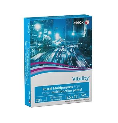 Vitality Xerox  
Pastel Multipurpose Paper  
Papier multifonction pastel  
30% Recycled  
8.5 x 11"  
500 sheets  
20 lb  
30% recyclé  
Made in USA
