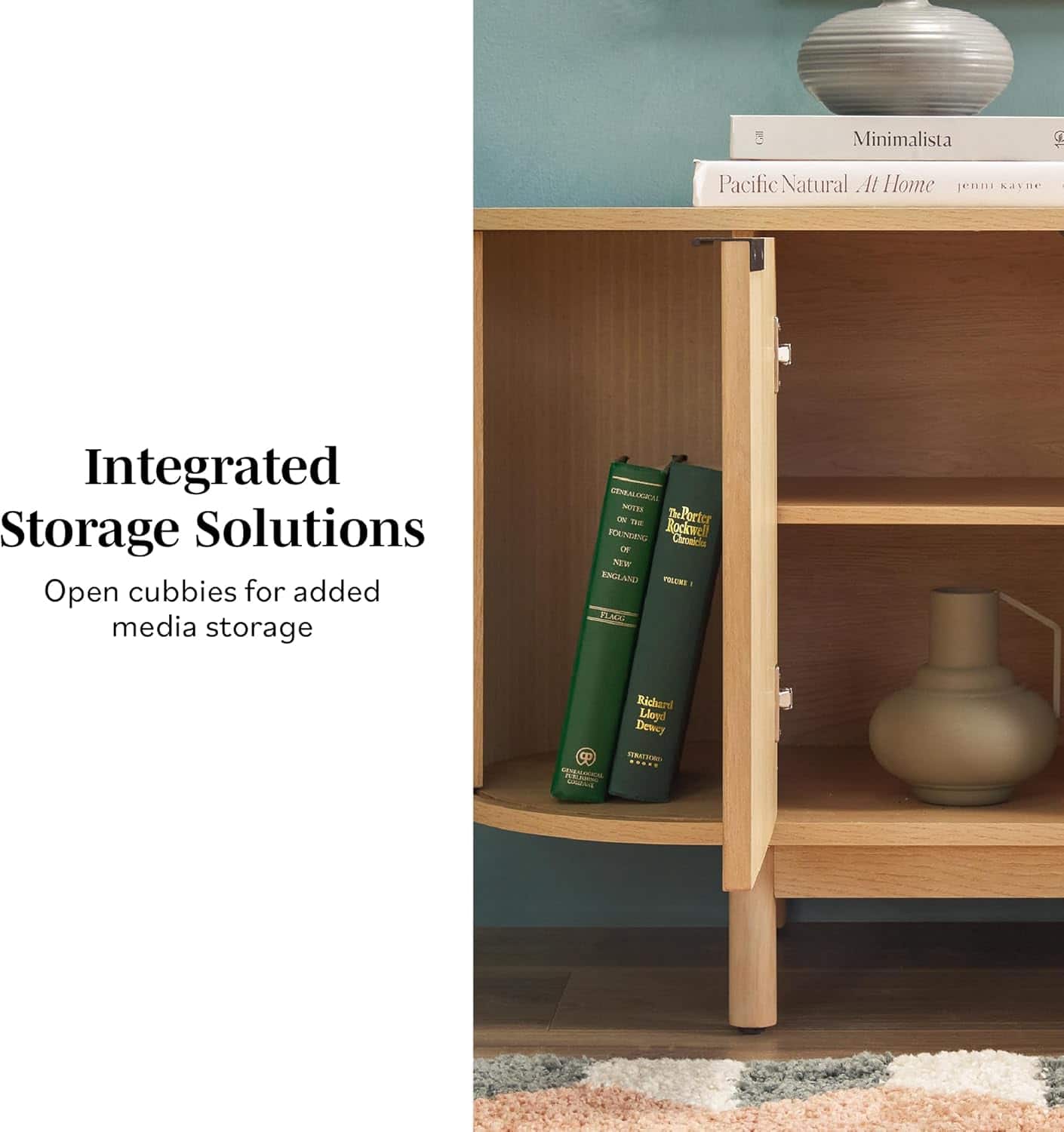 Integrated Storage Solutions Open cubbies for added media storage.