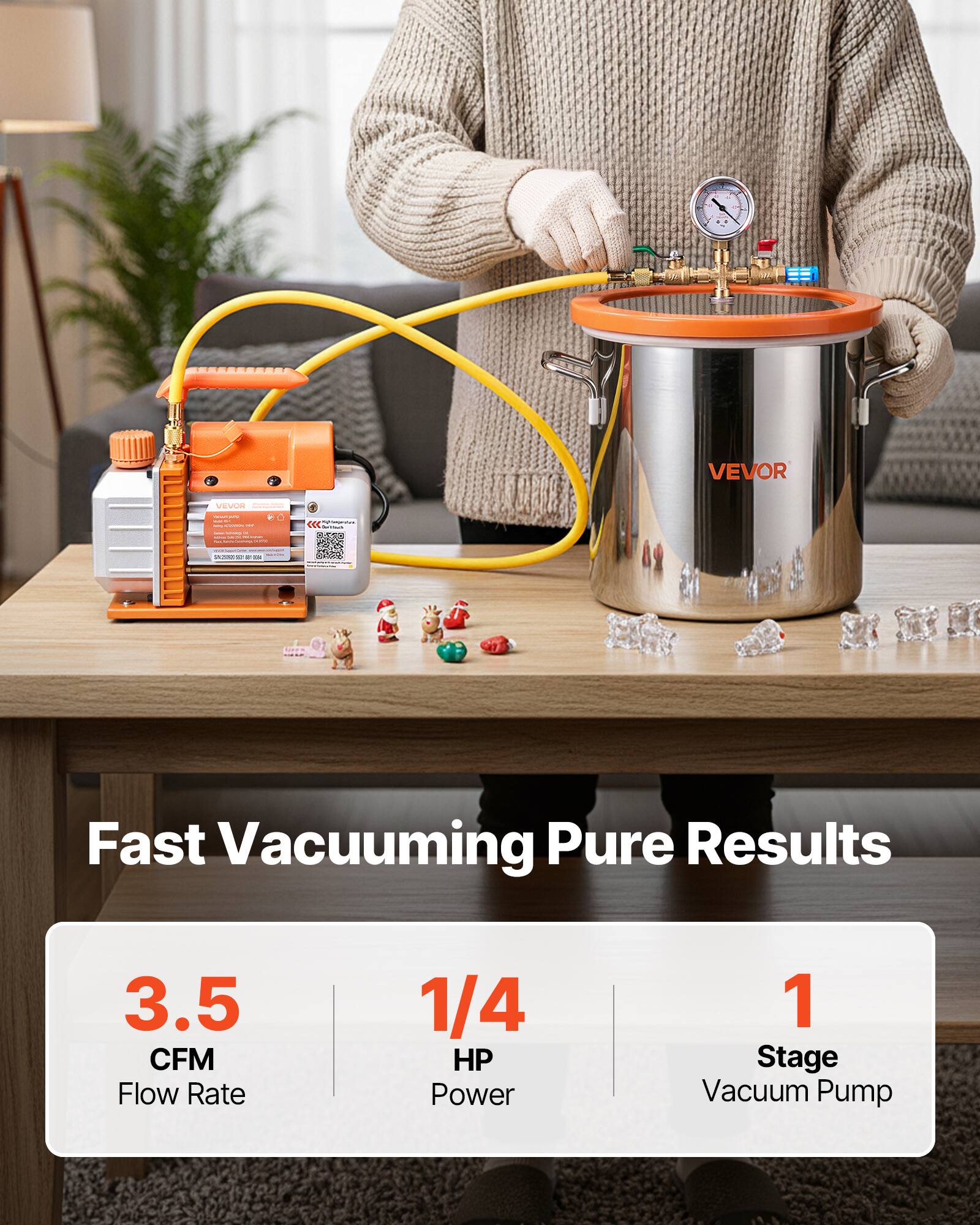 VEVOR

- - COOK - - - - 
PRODUCTIVE <<< -

VEVOR
Fast Vacuuming Pure Results
3.5 CFM Flow Rate
1/4 HP Power
1 Stage Vacuum Pump
