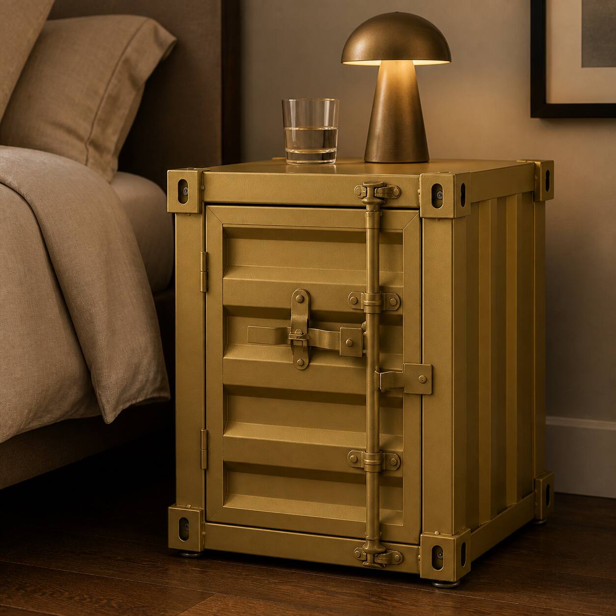 Alt View 3. VIVZONE - Modern Industrial Gold Metal Shipping Container Side Table with Lockable Shelf - Gold.