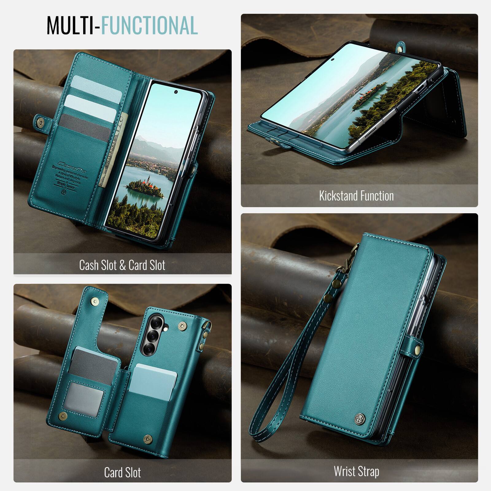 MULTI-FUNCTIONAL

- Kickstand Function
- Cash Slot & Card Slot
- Card Slot
- Wrist Strap