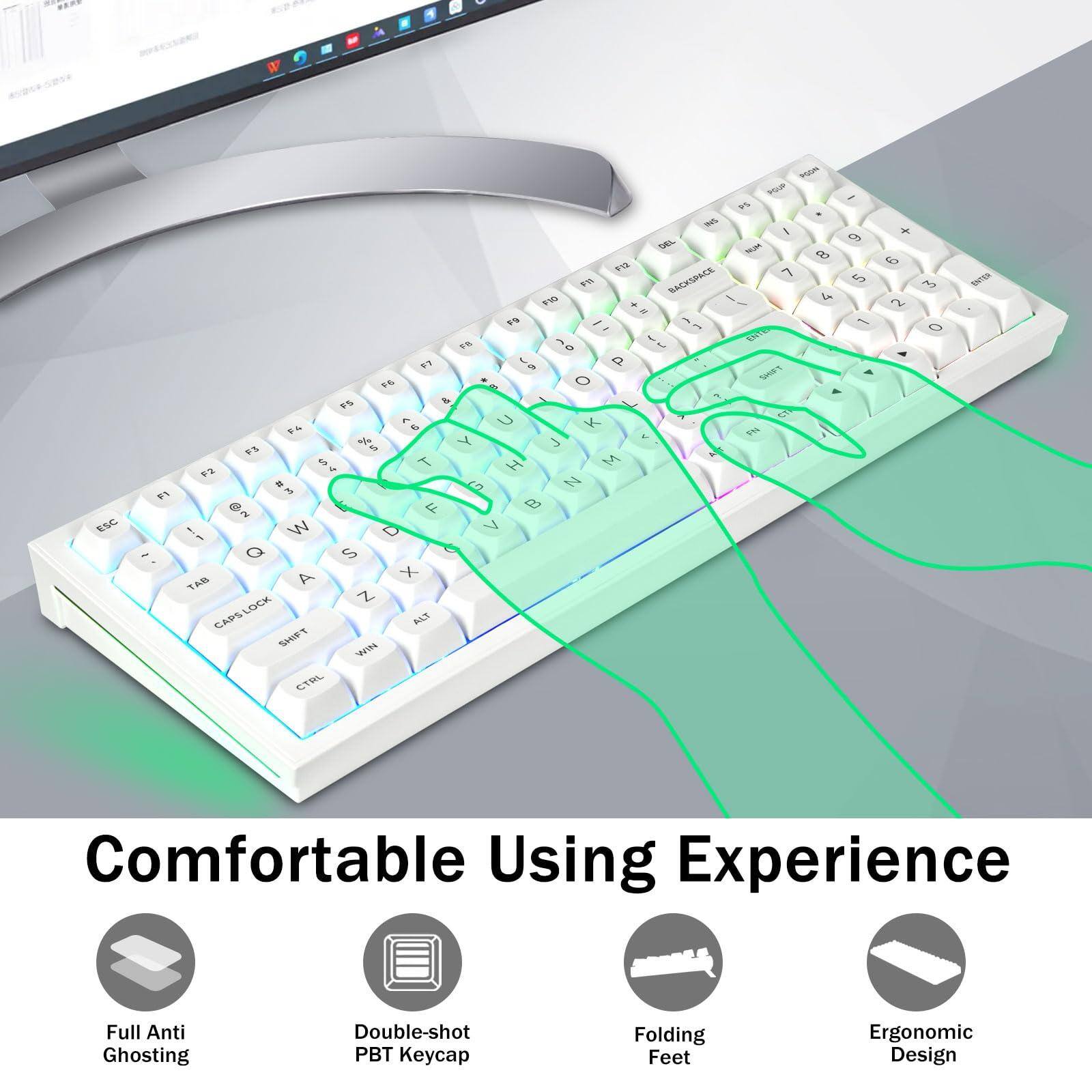 Comfortable Using Experience

- Full Anti Ghosting
- Double-shot PBT Keycap
- Folding Feet
- Ergonomic Design