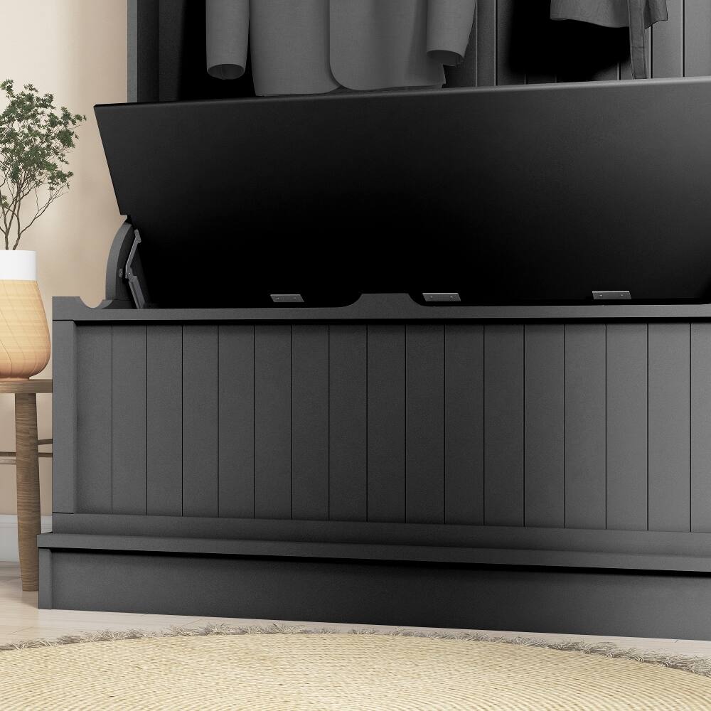Angle. Loheer - Loheer 3-in-1 entryway hall tree and entryway bench with shoe storage, Black - Black.