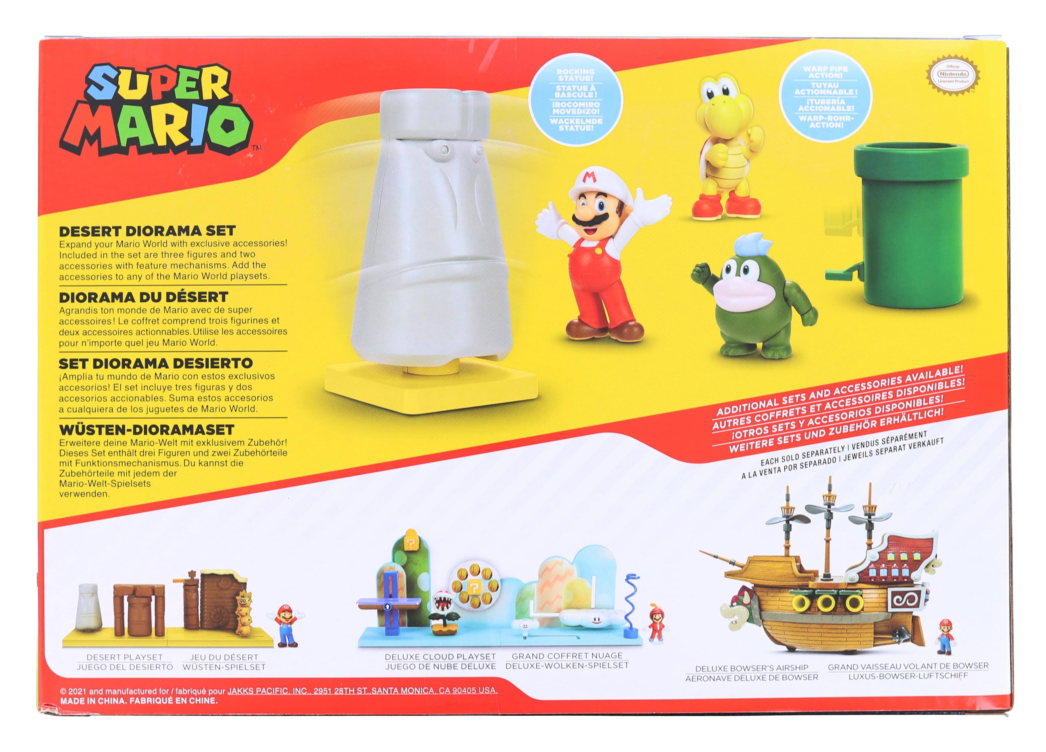 **Super Mario**

**Desert Diorama Set**
Expand your Mario World with exclusive accessories! Included in the set are three figures and two accessories with feature mechanisms. Add the accessories to any of the Mario World playsets.

**Diorama du Désert**
Agrandis ton monde Mario avec des super accessoires ! Le coffret comprend trois figurines et deux accessoires actionnables. Utilise les accessoires pour n'importe quel jeu Mario World.

**Set Diorama Desierto**
Ampia tu mundo Mario con estos exclusivos accesorios ! El set incluye tres figuras y dos accesorios accionables. Suma estos accesorios a cualquier juego de Mario World.

**Wüsten-Dioramaset**
Erweitere deine Mario-Welt mit exklusivem Zubehör! Dieses Set enthält drei Figuren und zwei Zubehörteile mit Funktionsmechanismus. Du kannst die Zubehörteile mit jedem der Mario-Welt-Spielsets verwenden.

**Warp Pipe Action**
Tuyau Actionnable ! Itubera Accionable ! Warp-Rohr-Aktions!

**Rocking Statue**
Statue Basc
