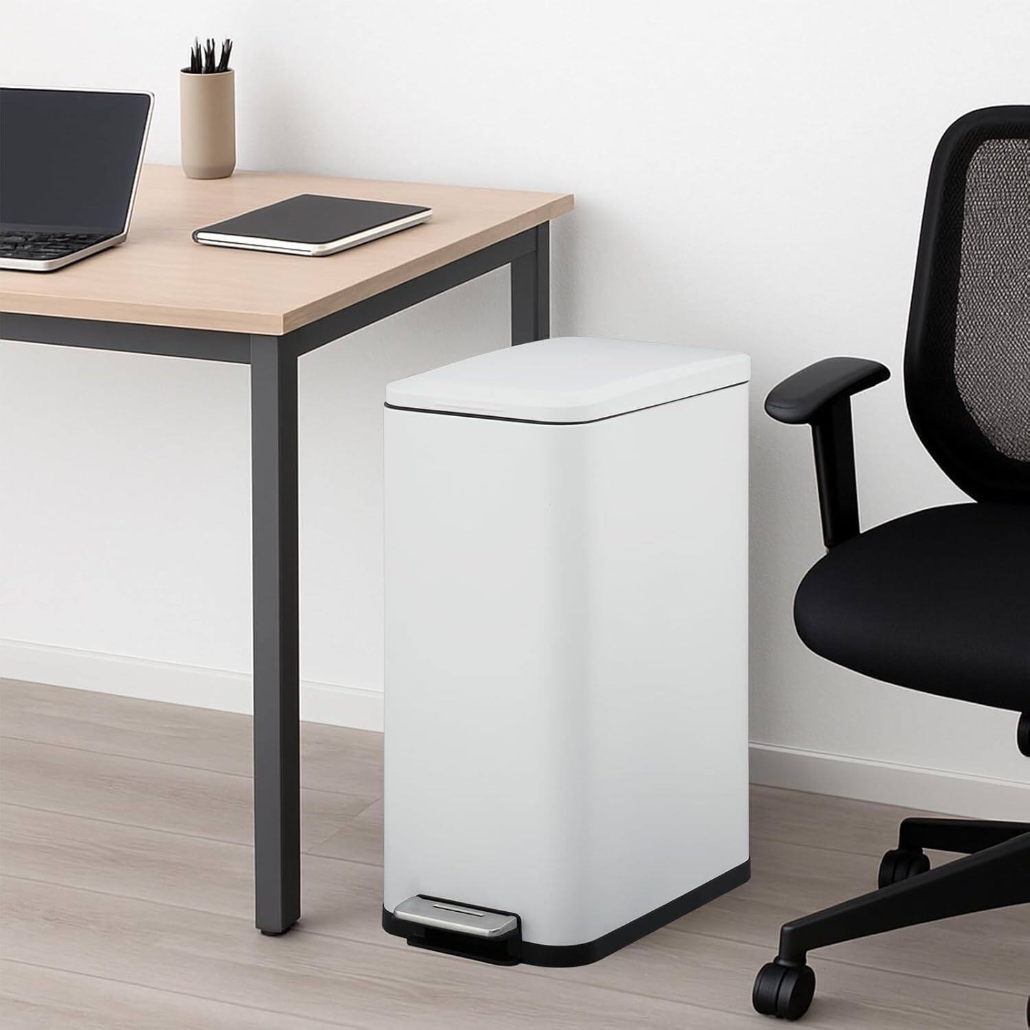 Alt View 4. Homhougo - 13 Gallon Kitchen Trash Can, Stainless Steel Step Garbage Bin with Soft-Close Lid & Removable Bucket - White.