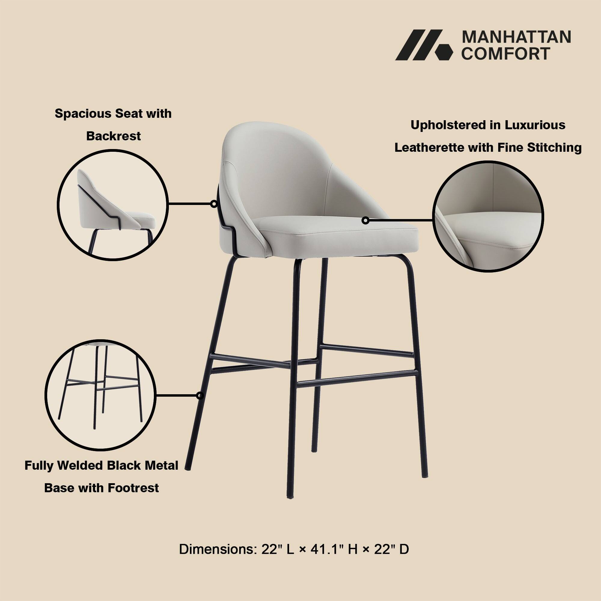 MANHATTAN COMFORT

Spacious Seat with Backrest

Upholstered in Luxurious Leatherette with Fine Stitching

Fully Welded Black Metal Base with Footrest

Dimensions: 22" L x 41.1" H x 22" D