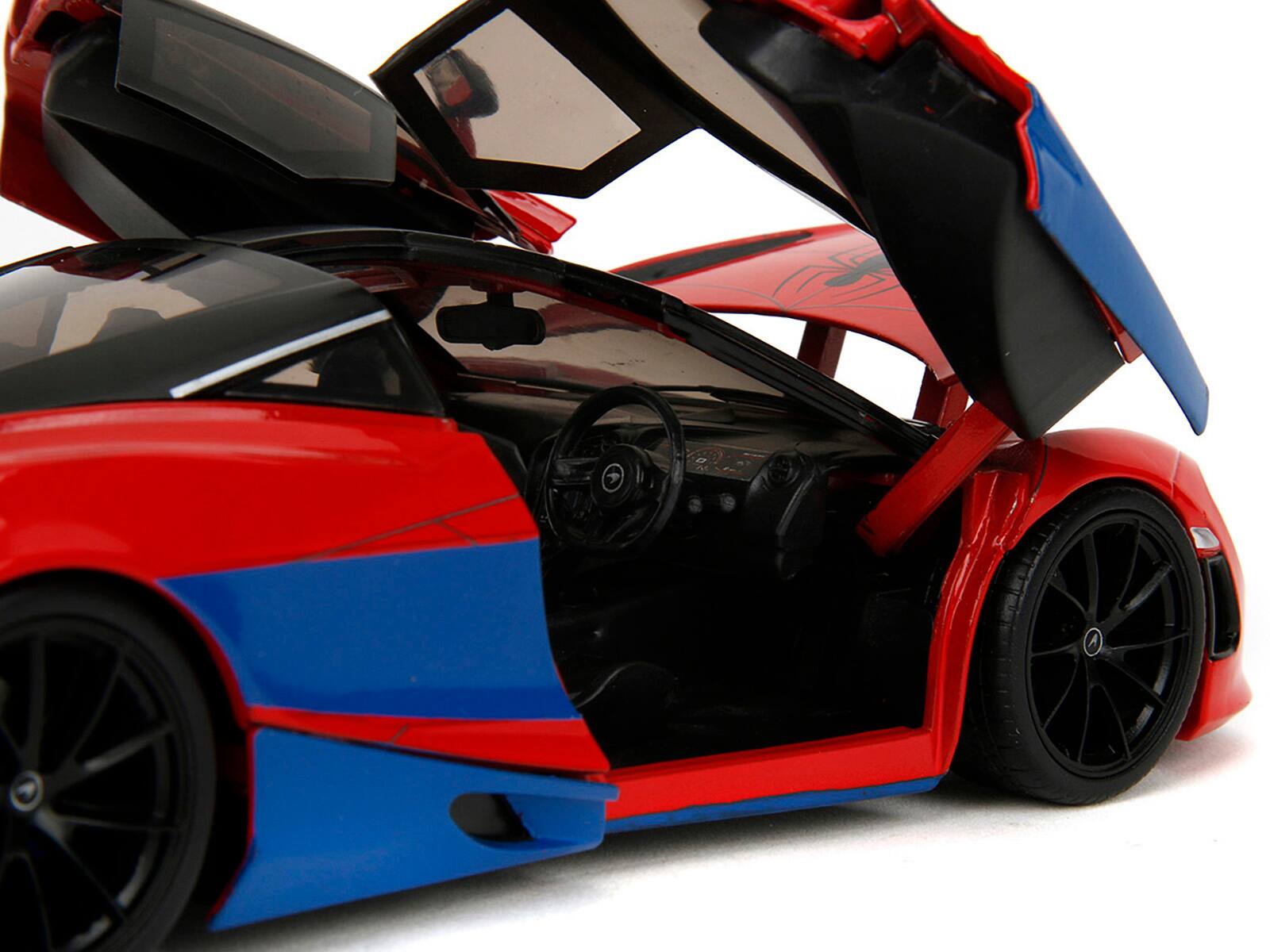 Left. Jada - McLaren 720S Red Blue w/ Black Top & Graphics & Spider-Man Figure Marvel Spider-Man Hollywood Rides 1/24 Diecast - Red And Blue With Black.