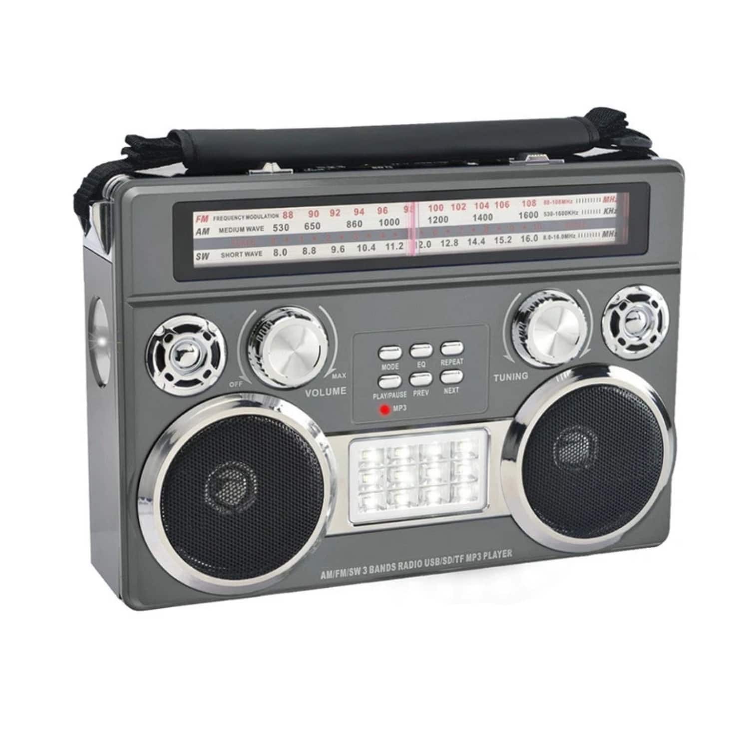 Stock Preferred - RetroBox Portable Bluetooth Speaker with AM/FM/SW Flashlight & Disco Lights Grey