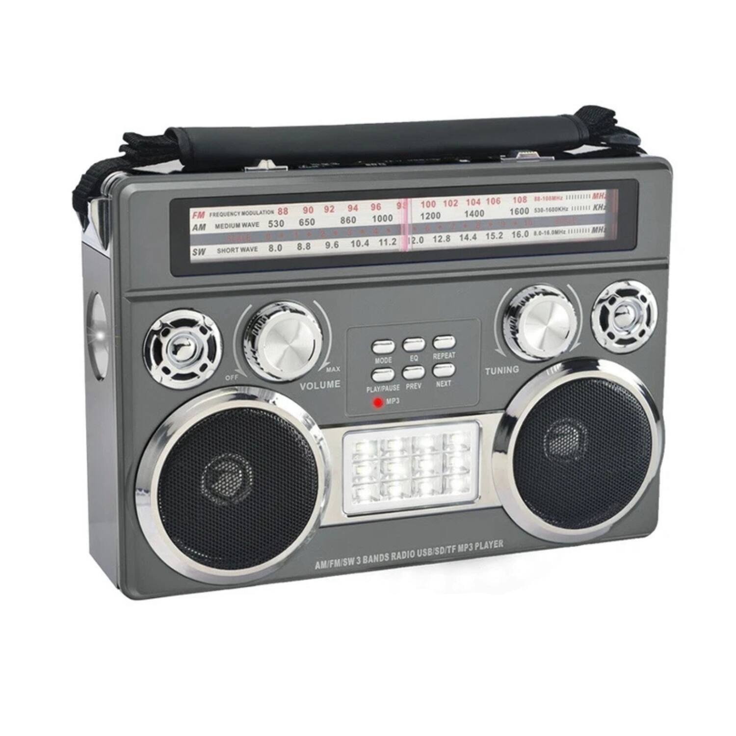 Stock Preferred - RetroBox Portable Bluetooth Speaker with AM/FM/SW Flashlight & Disco Lights Grey